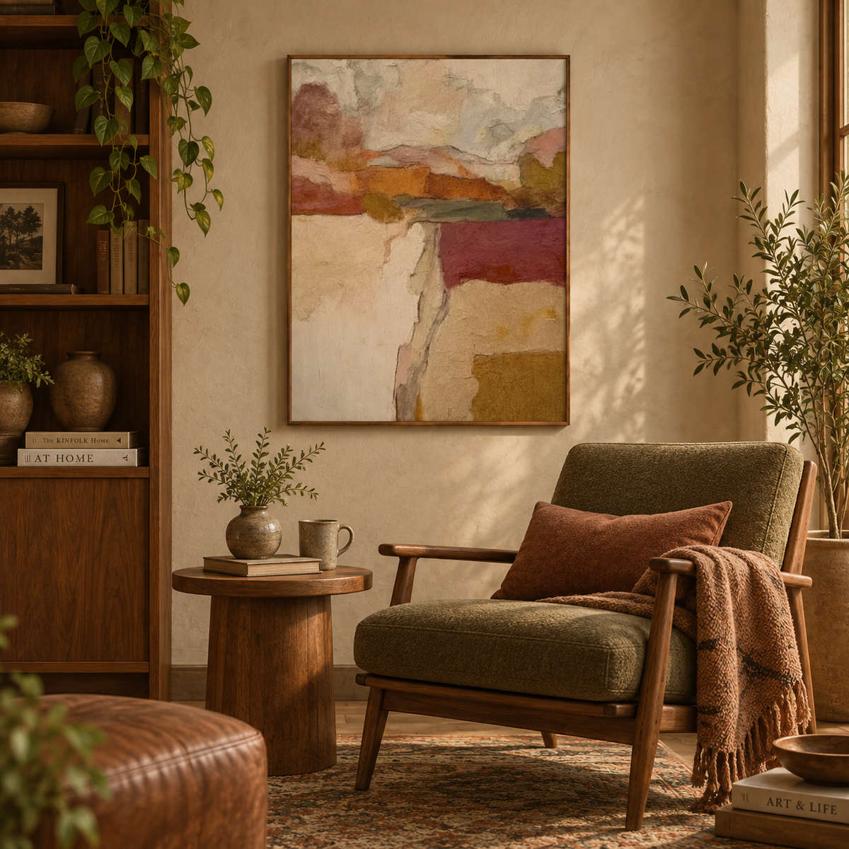 Abstract Landscape Canvas Painting With Olive Green And Earth Tones For Modern Wall Art