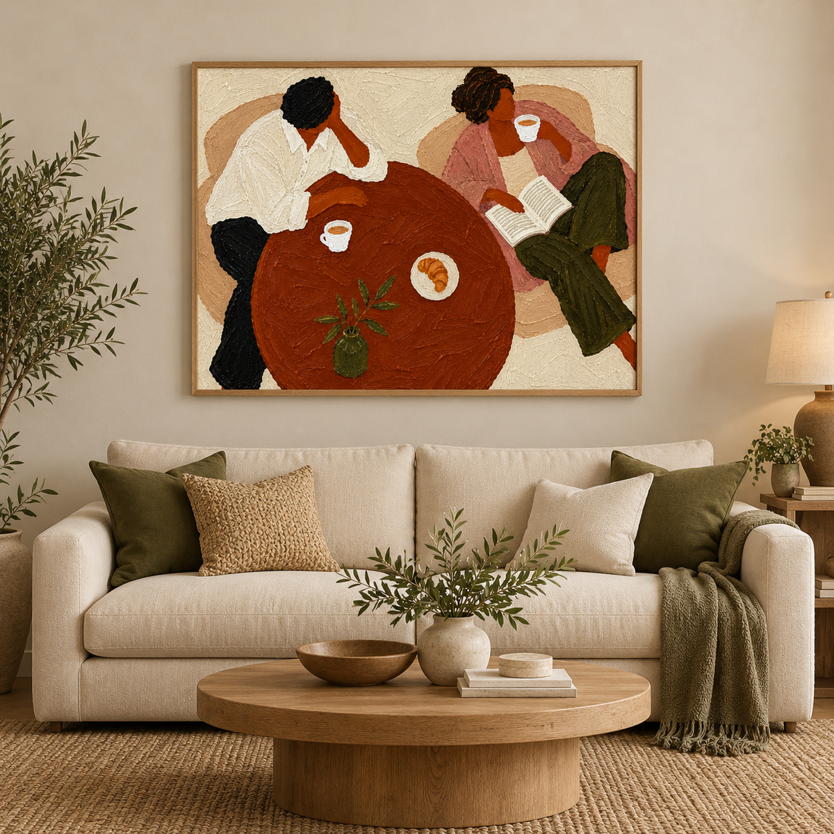 Vintage Couple Coffee Scene Hand-Painted Canvas Wall Art In Earth Tones