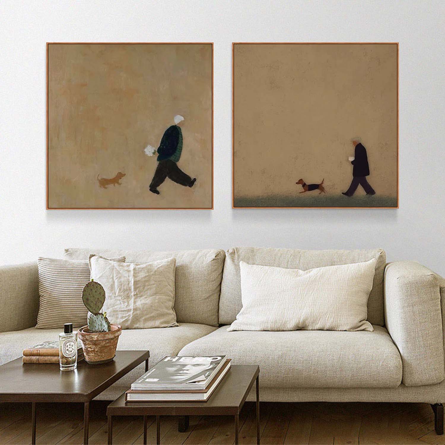 Modern Abstract Figures & Dog Canvas Art - Set of 2 Textured Oil Painting Earthy Tone Decor