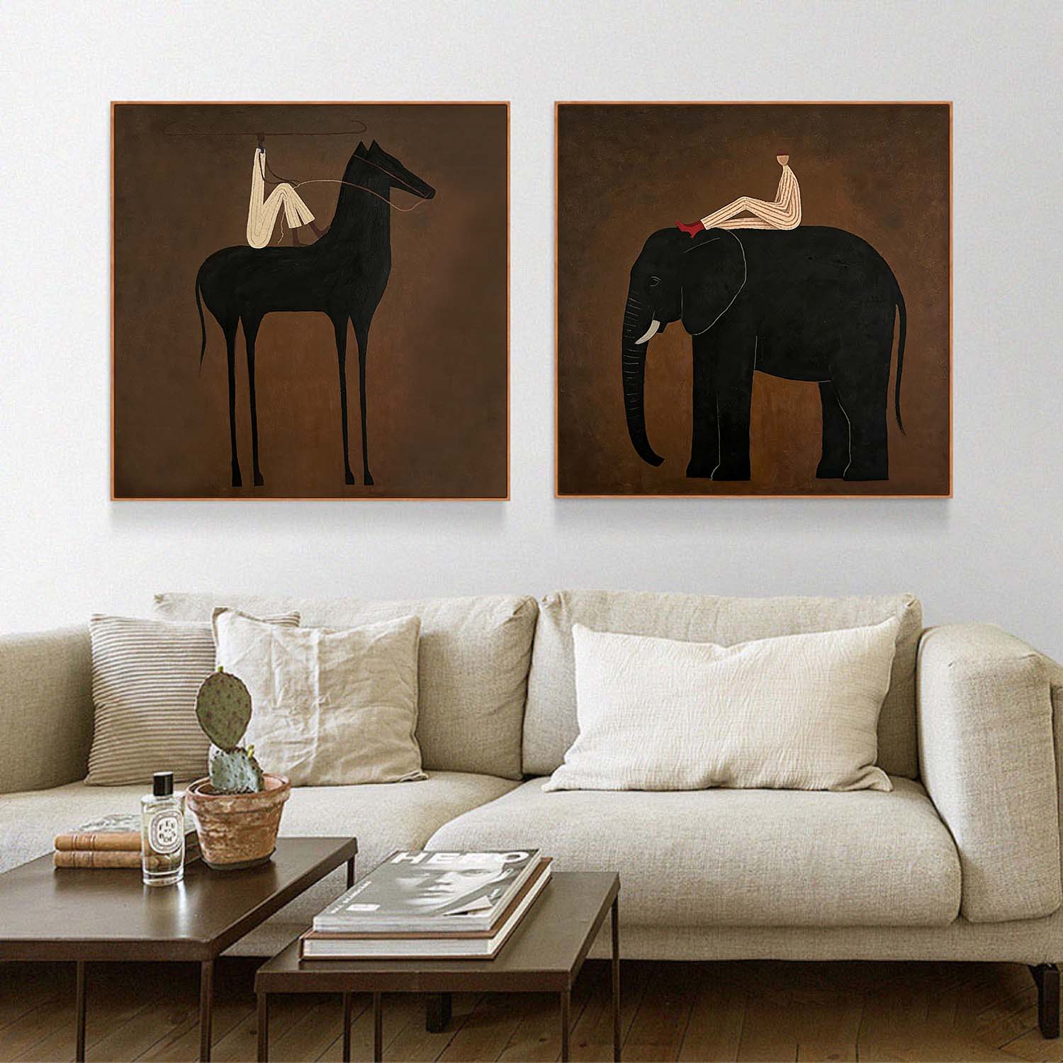 Set of 2 Original Hand-Painted Contemporary Wall Decor Modern Horse & Elephant Set Painting