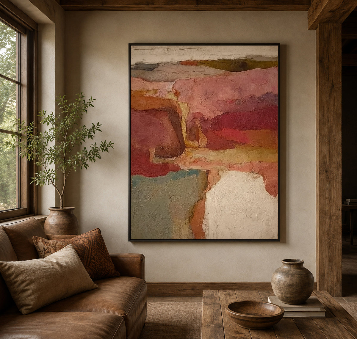 Abstract Burgundy And Sage Green Canvas Painting Hand-Painted Original Art For Modern Walls