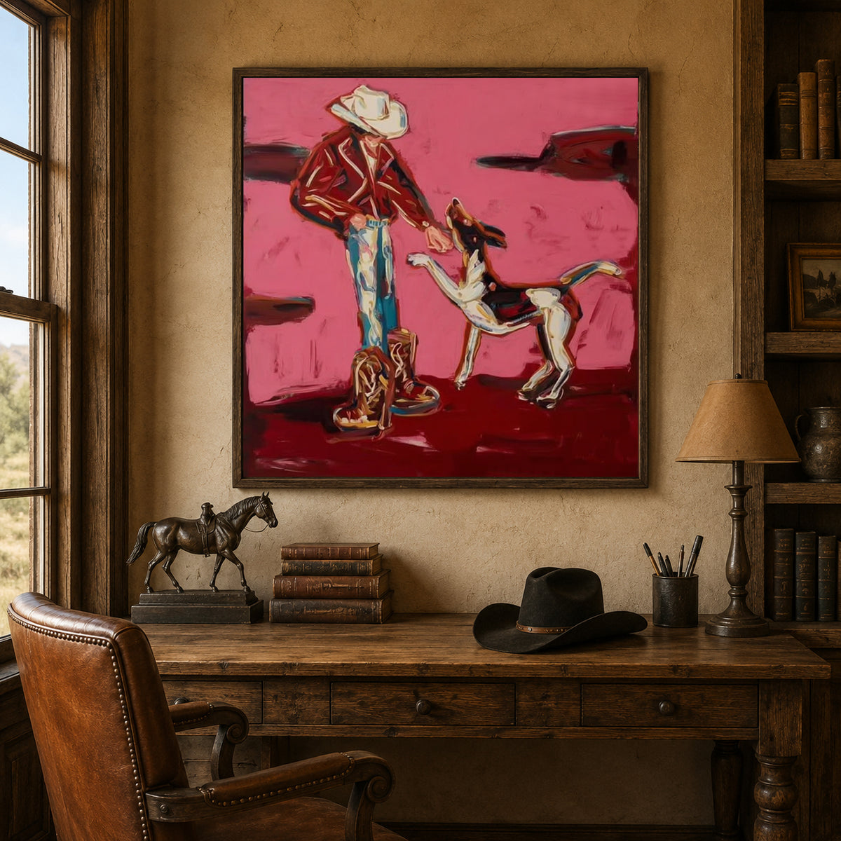 Hand-Painted Cowboy And Dog Canvas Painting In Pink Red Tones Whimsical Puppy Painting
