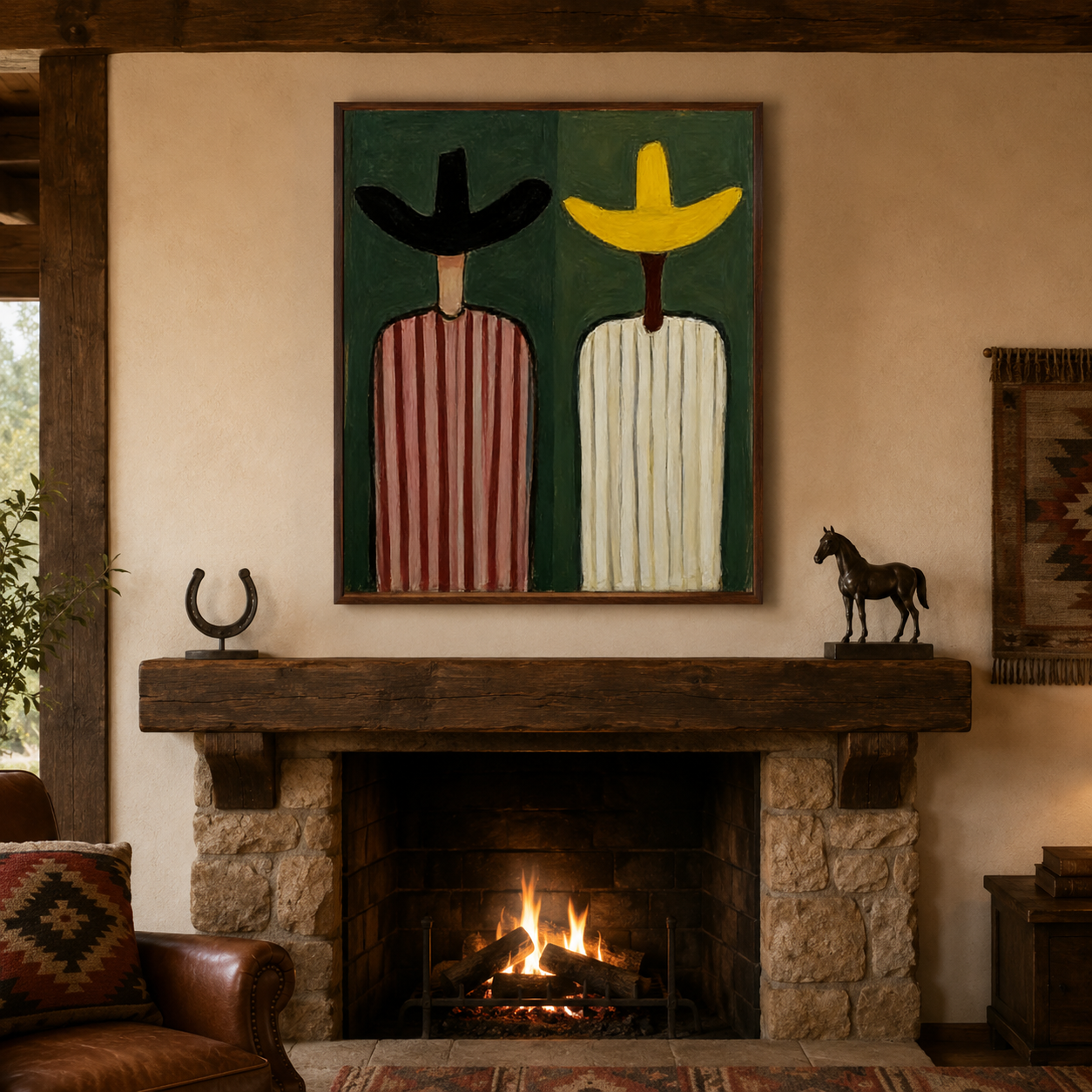 Abstract Figurative Painting With Sage Green Background And Striped Characters For Modern Home Decor