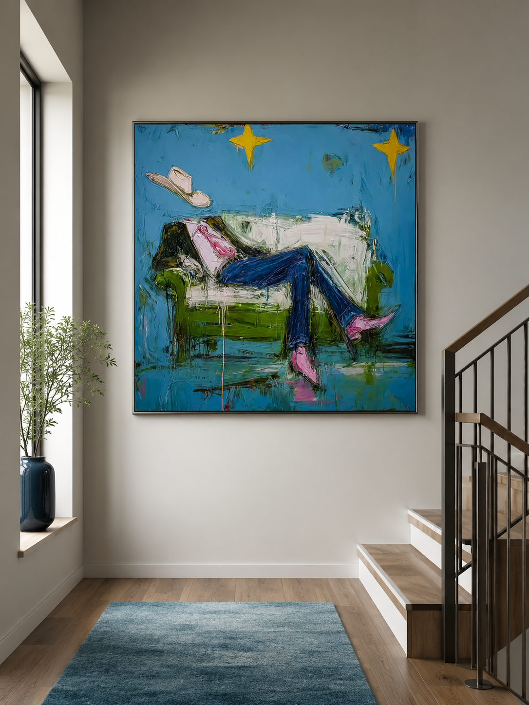 Surreal Cowboy Art With Stars And Green Sofa Modern Wall Decor For Living Room
