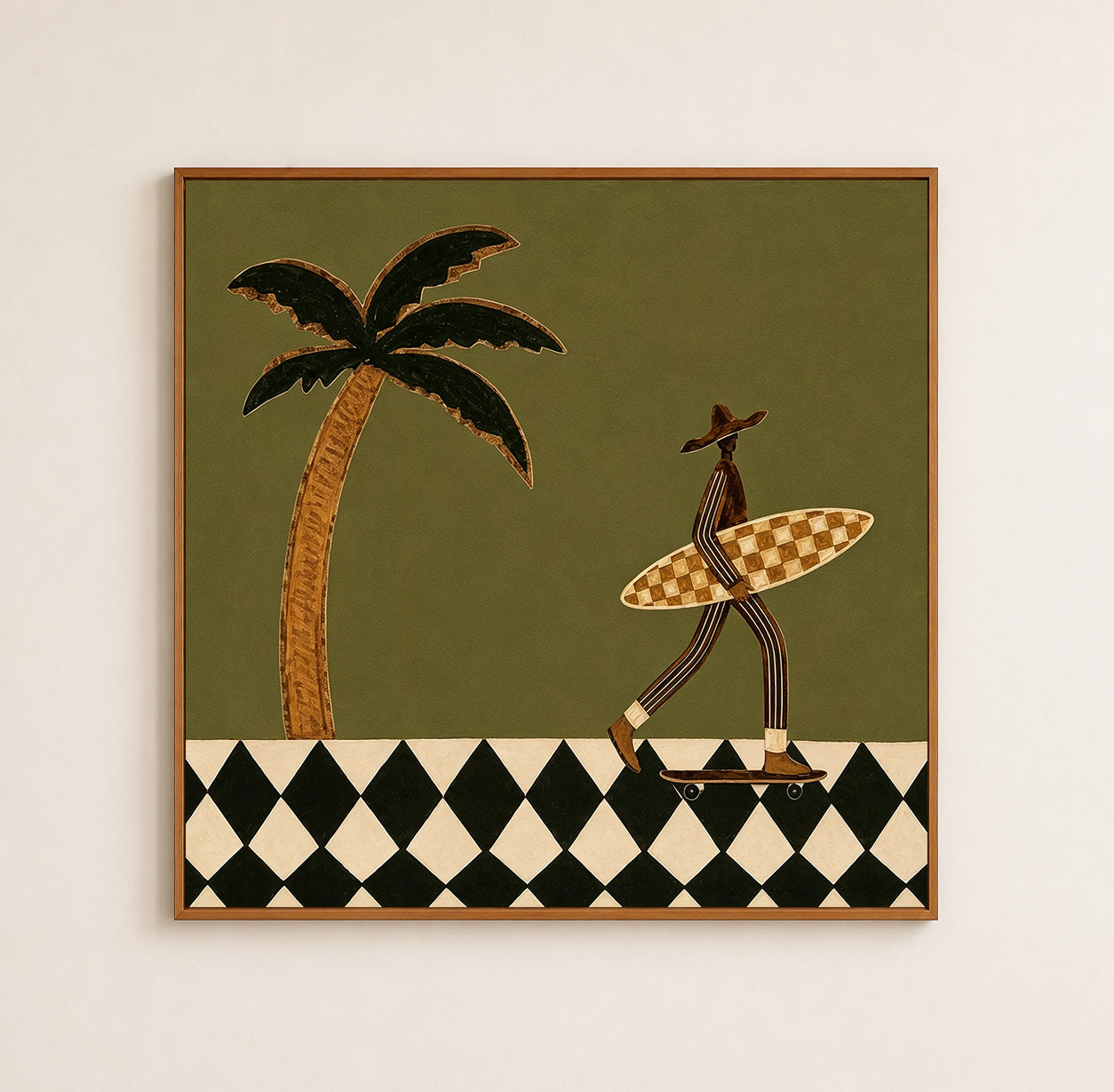 Vintage Skate Surfer Wall Art With Checkerboard Board For Retro Living Room Decor