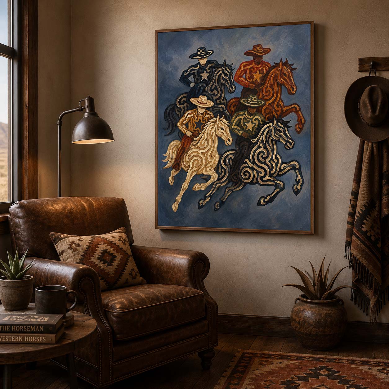 Cowboy And Horse Painting Hand-Painted Navy Blue Western Canvas Art