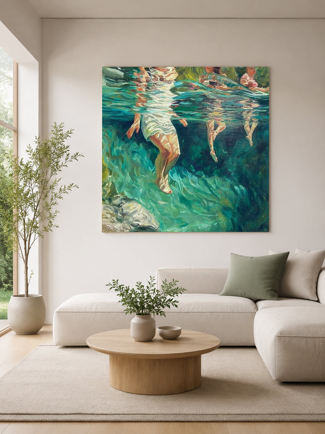 Summer Stream Oil Painting With Submerged Figures For Modern Home Decor
