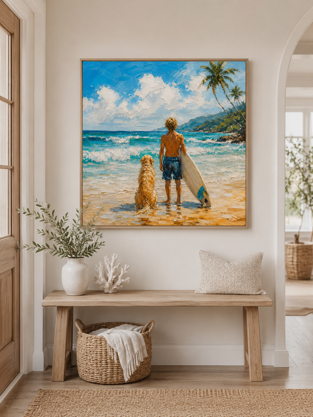 Surfer And Dog Beach Painting Textured Oil Art For Coastal Home Decor