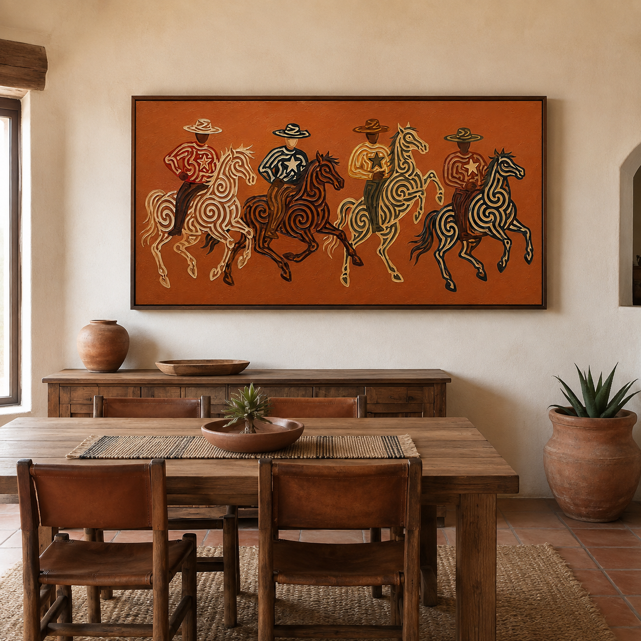 Panoramic Four Cowboy Riders Painting, Terracotta Western Horse Art, Southwestern Ranch Decor