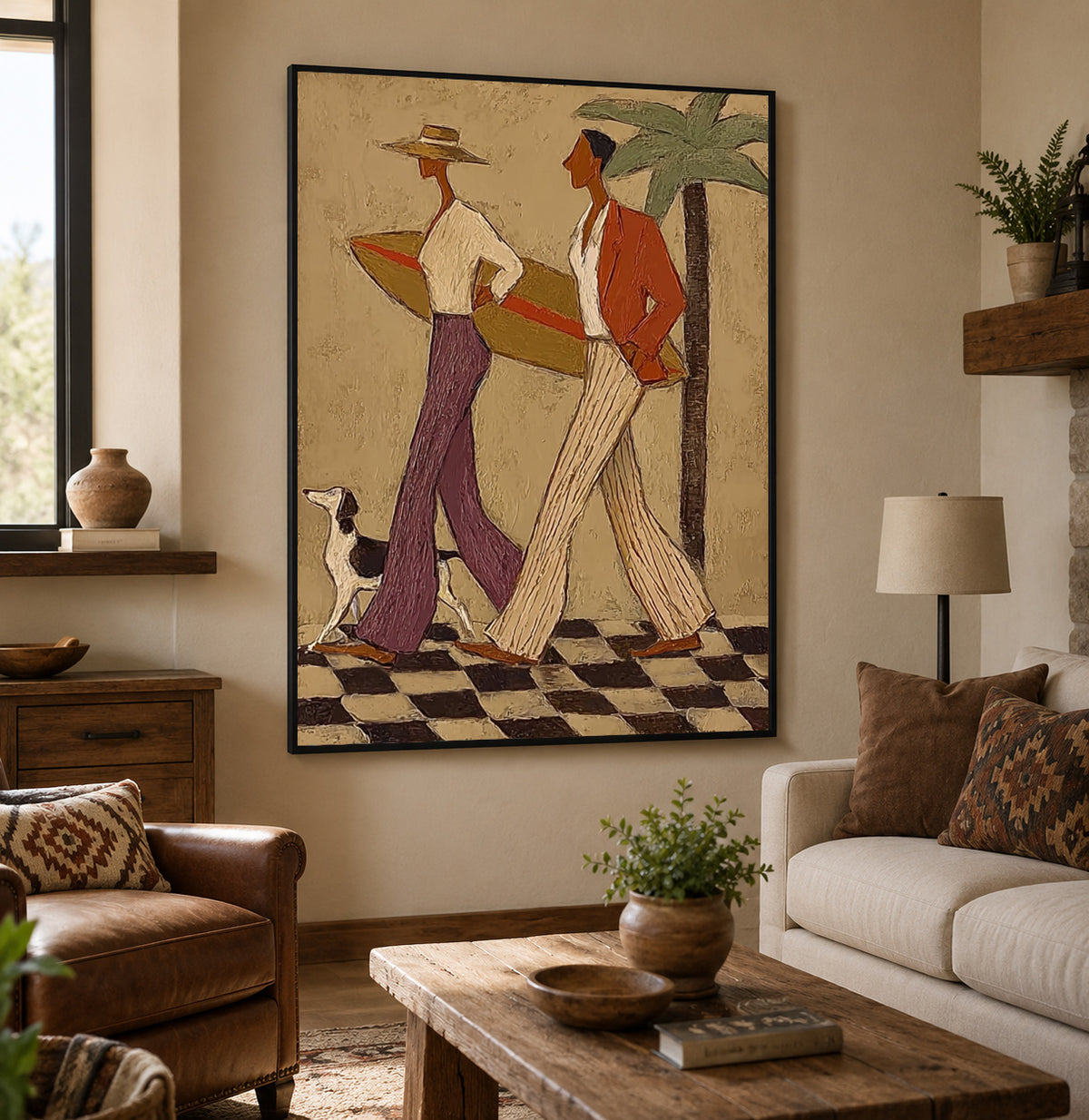Retro Coastal Couple With Surfboard Canvas Art, Checkered Floor Palm Tree Wall Decor, Vintage Surfing Dog Painting