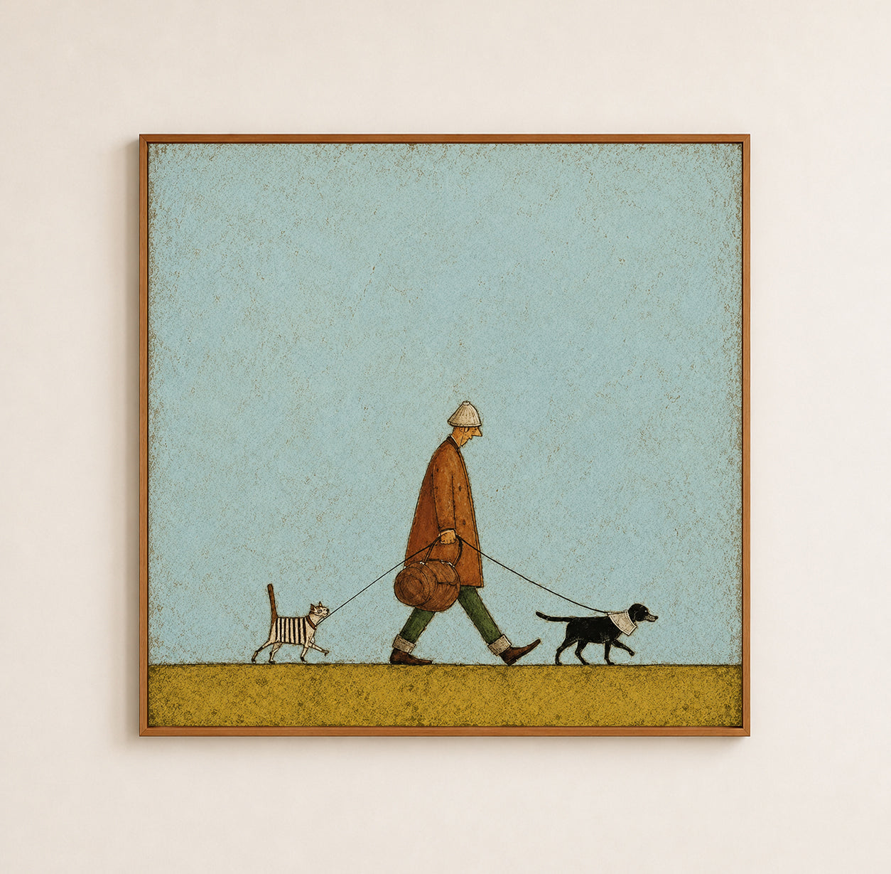 Vintage Style Oil Painting Of Man Walking Cat And Dog For Pet Lovers Home Decor