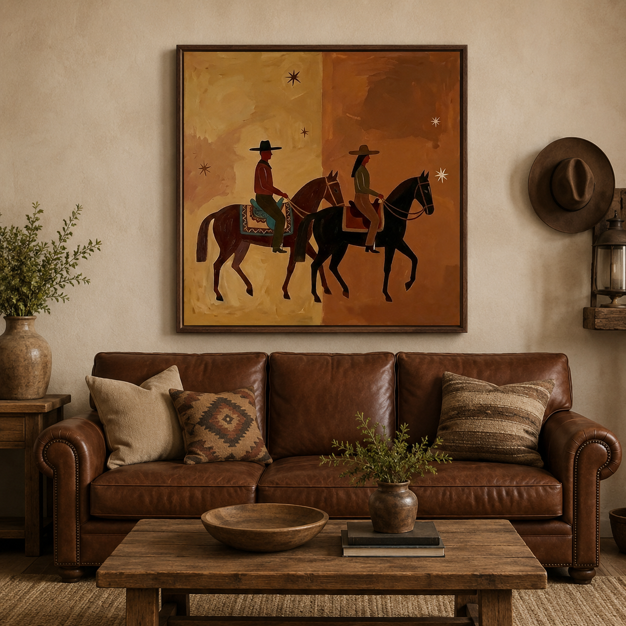 Modern Western Cowboy Horse Painting Earth Tones Wall Art For Rustic Home Decor
