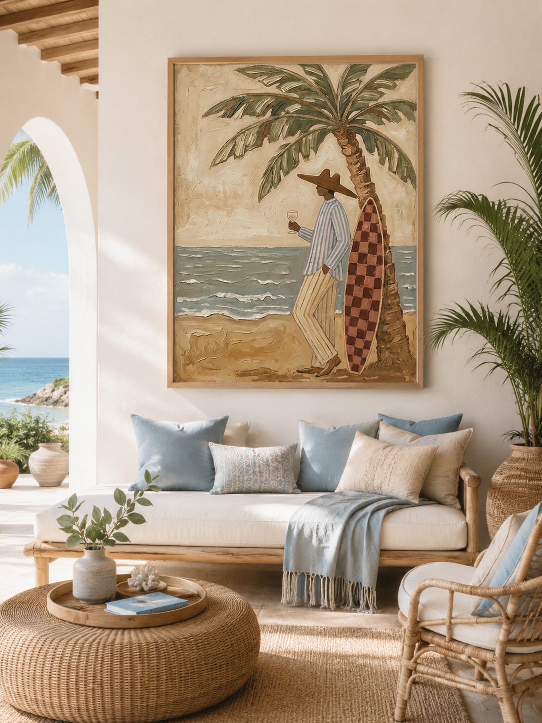 Textured Beach Canvas Art With Palm Tree And Surfer For Coastal Living Room Decor