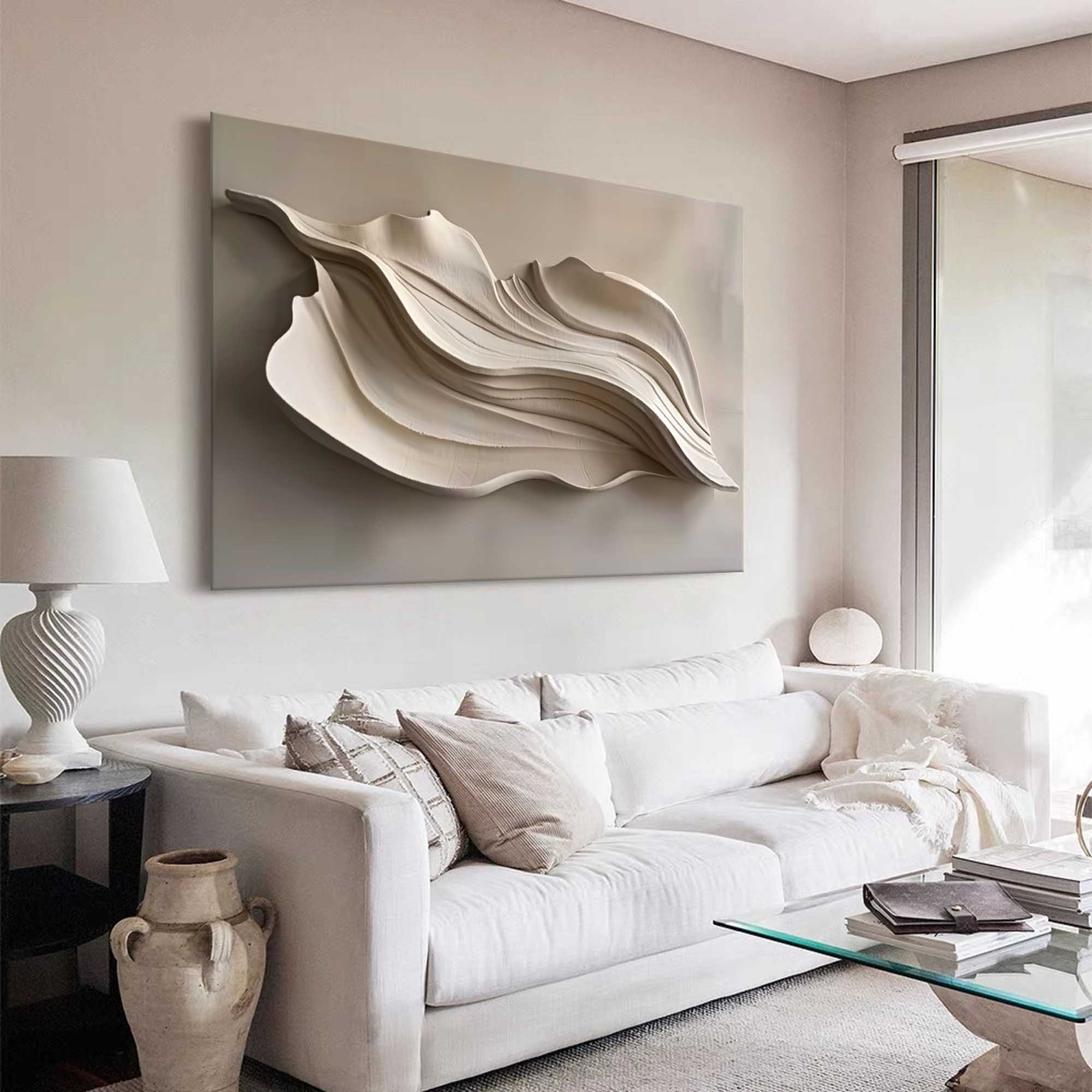 Grey Sculptured art Wood carving wall art Beige 3D Textured Wall Art