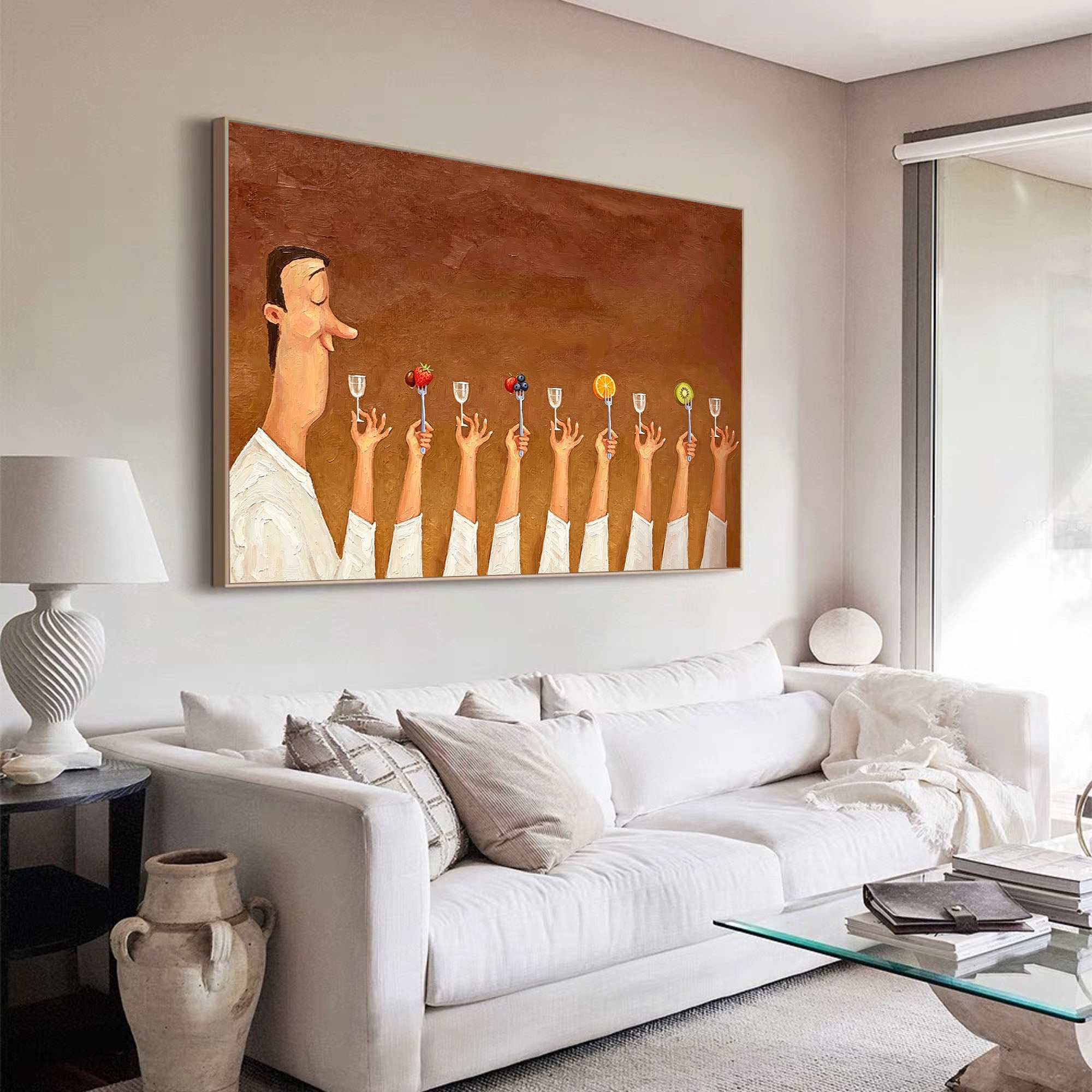Humorous Kitchen Wall Art, Hand Painted Oil Painting, Large Wall Decor for Foodie Gift.