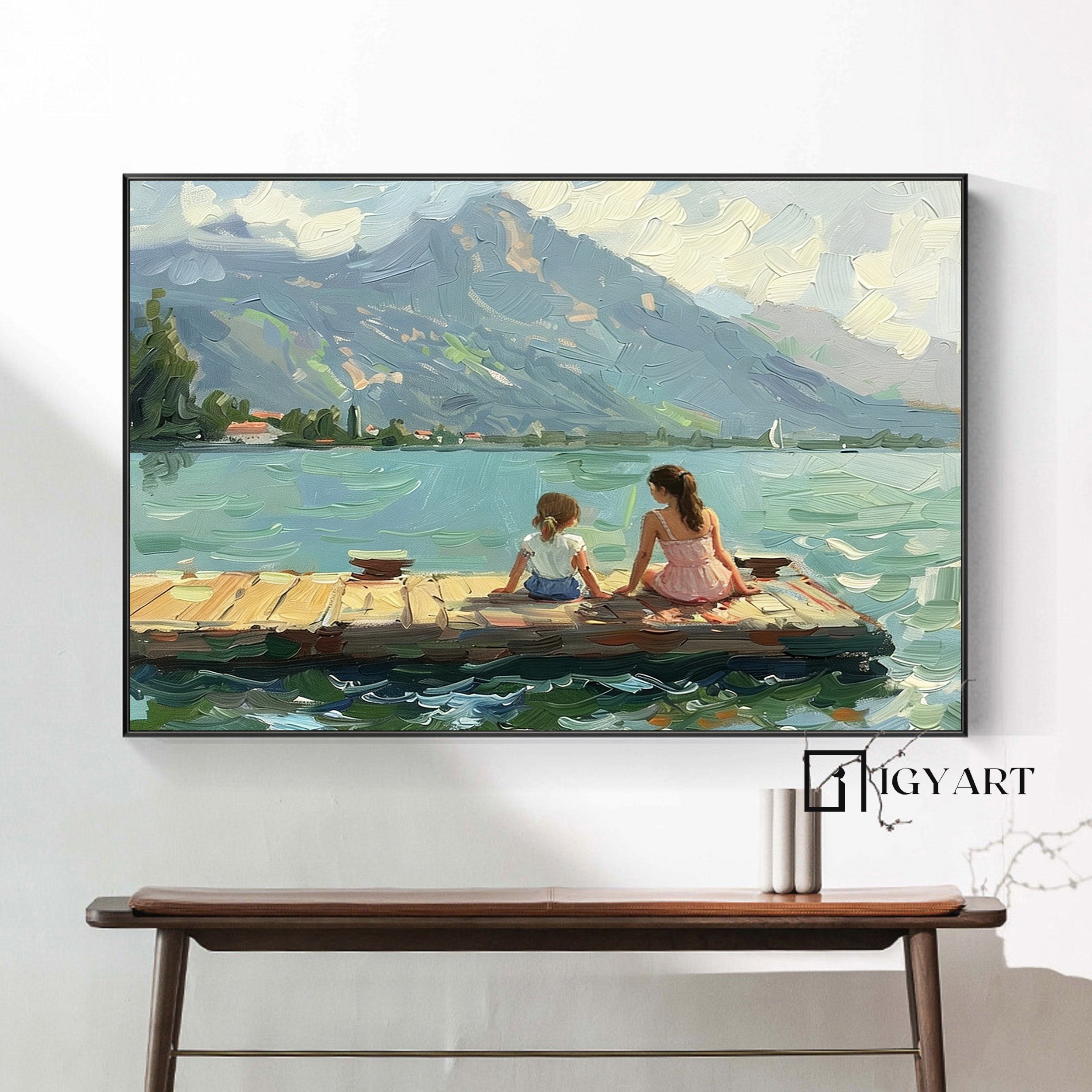 green landscape abstract painting two girls Summer lakeside landscape art
