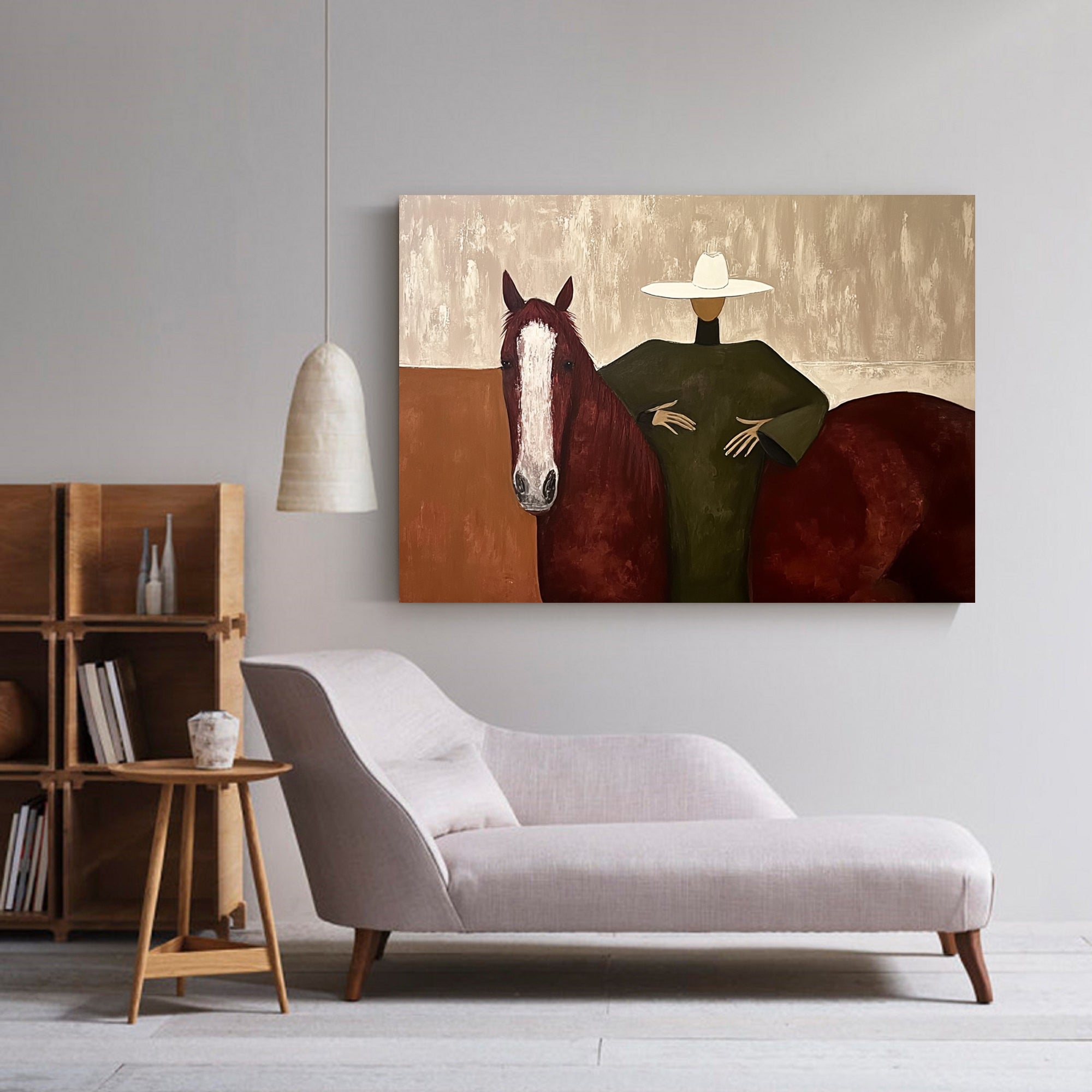 Modern Woman and Horse Painting Wabi-sabi Luxury Living Room Decor