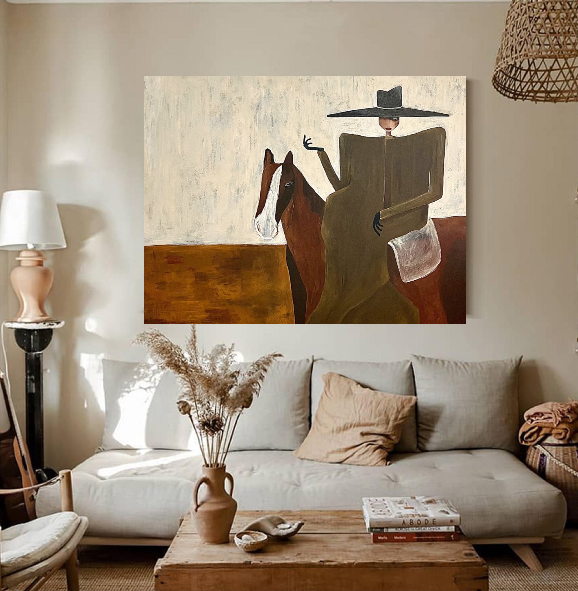 Modern Woman and Horse Painting Mid-century Modern Woman Painting