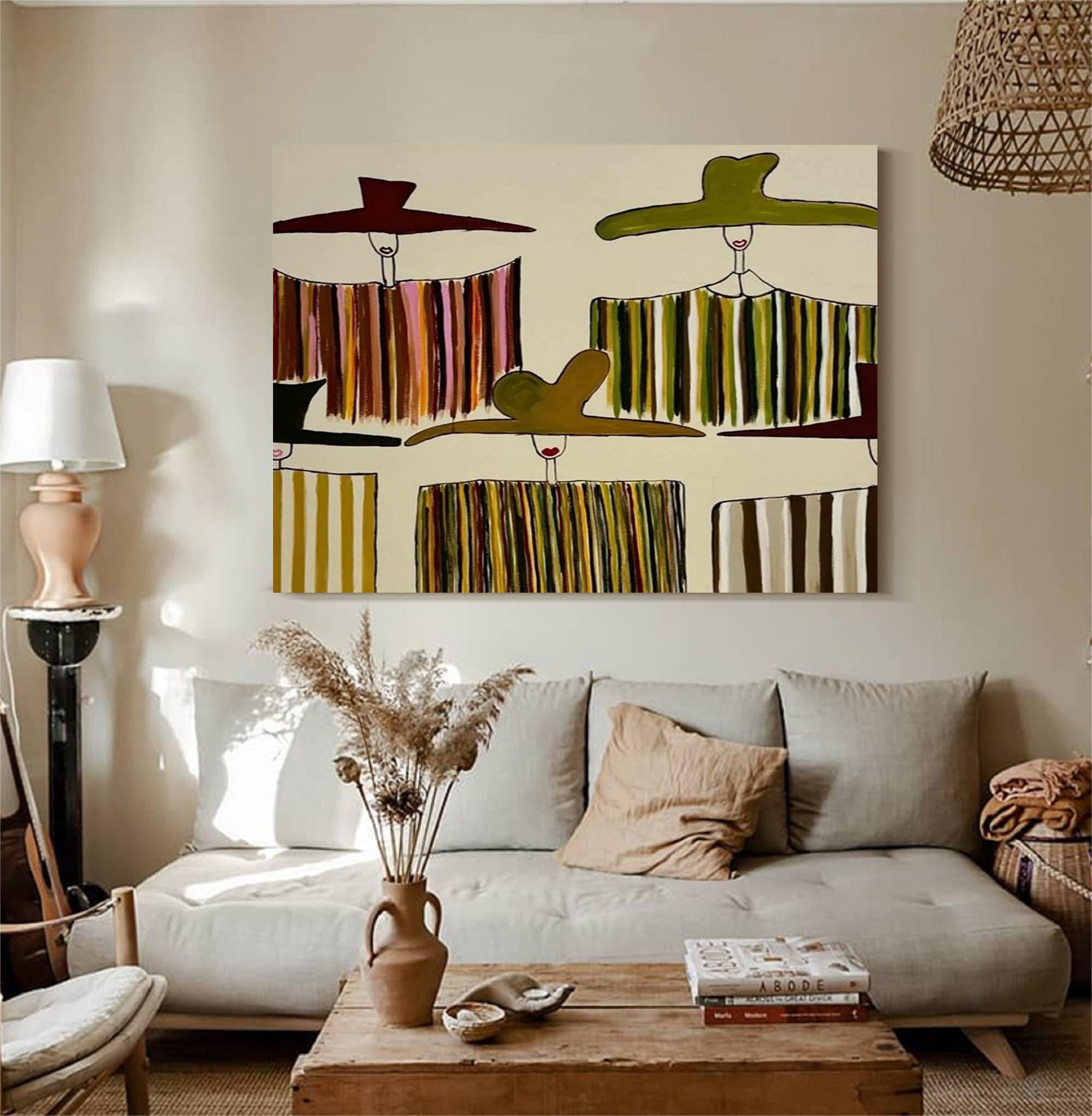 Hand-painted textured women in hats painting Minimalist olive green abstract figurative art