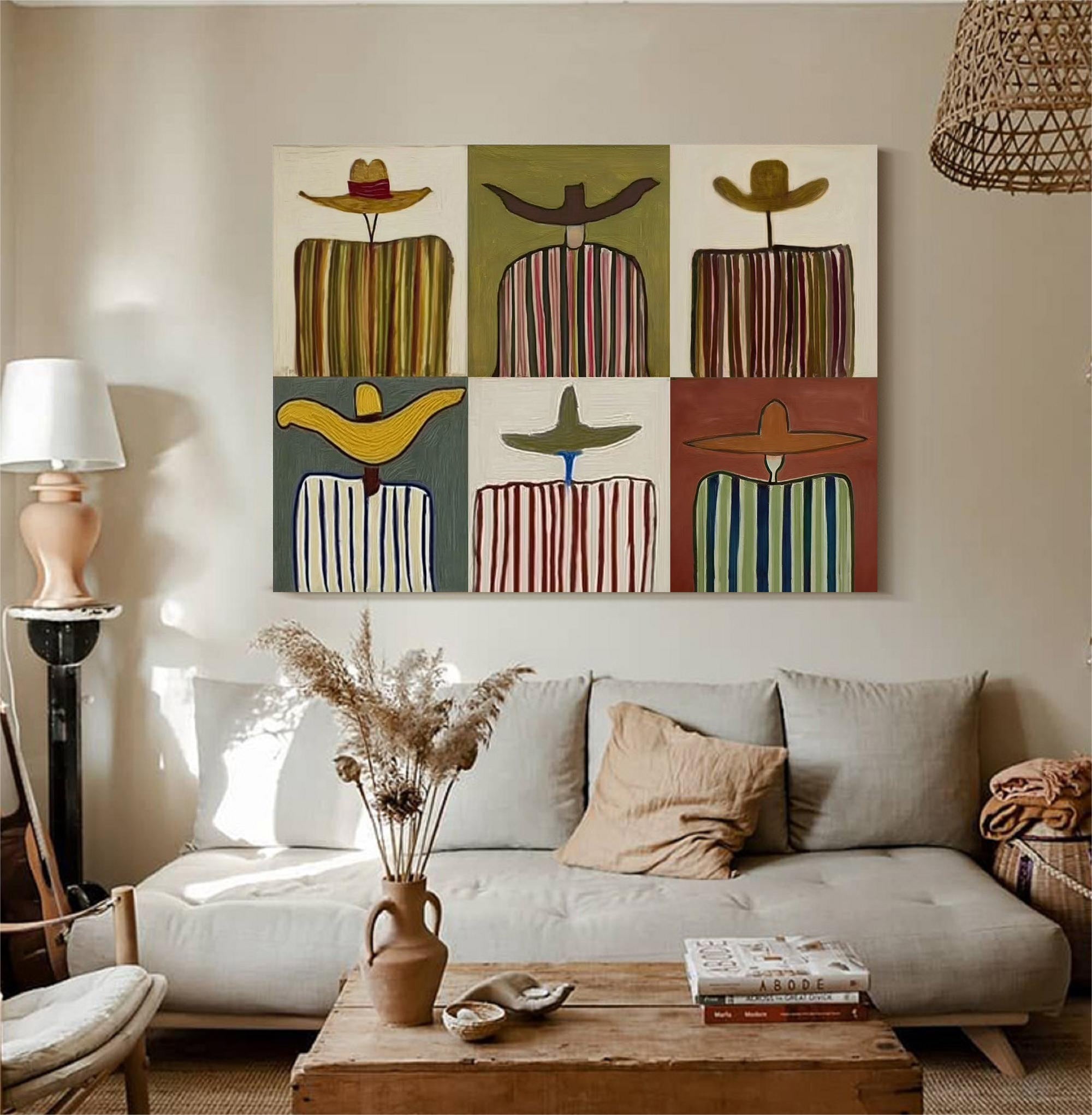 Modern Abstract Grid Oil Painting - Multi-Panel Style Hand-Painted Figures in Hats
