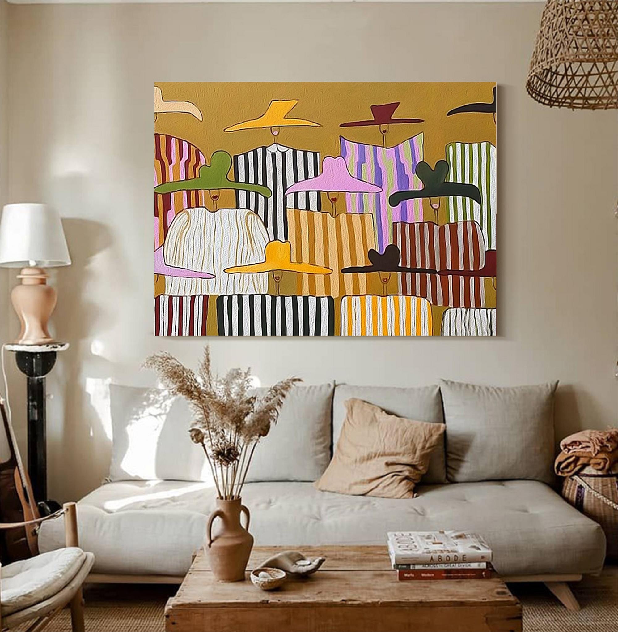 Large Abstract Pop Art Oil Painting for living room- Colorful Chic Ladies in Sun Hats