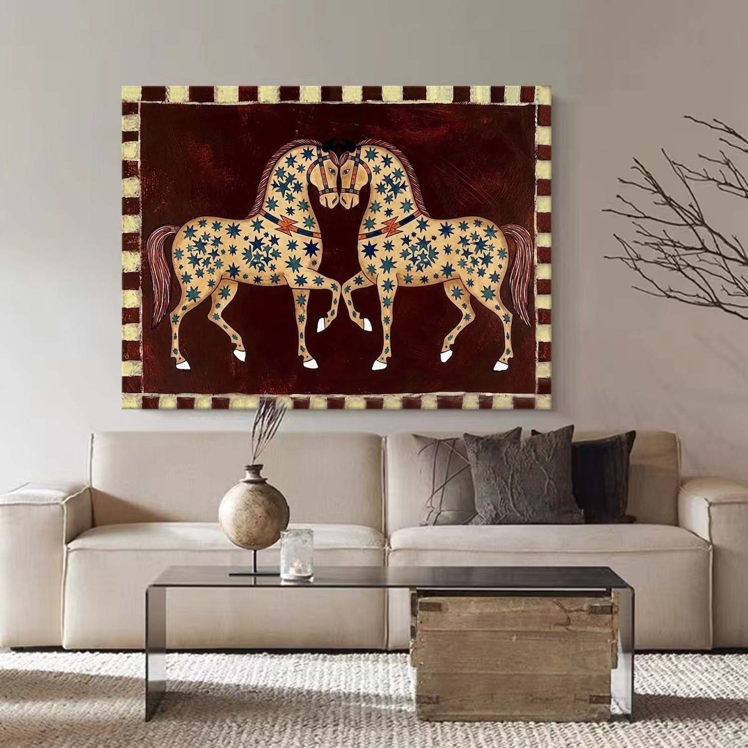 Mid-Century Modern Twin Horses Painting - Minimalist Ethnic Style Double Horse Painting