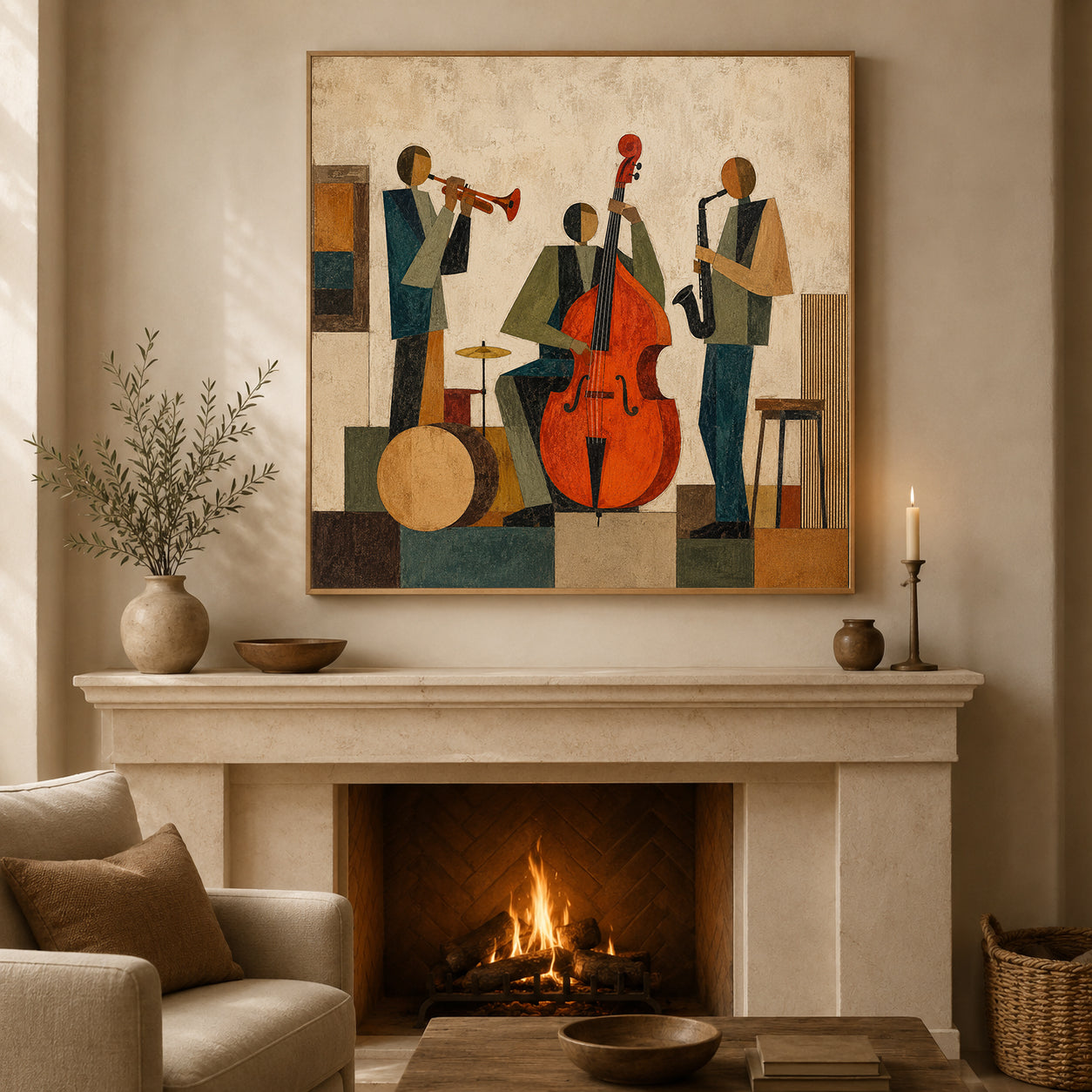 Abstract Jazz Band Painting With Double Bass For Modern Living Room Decor