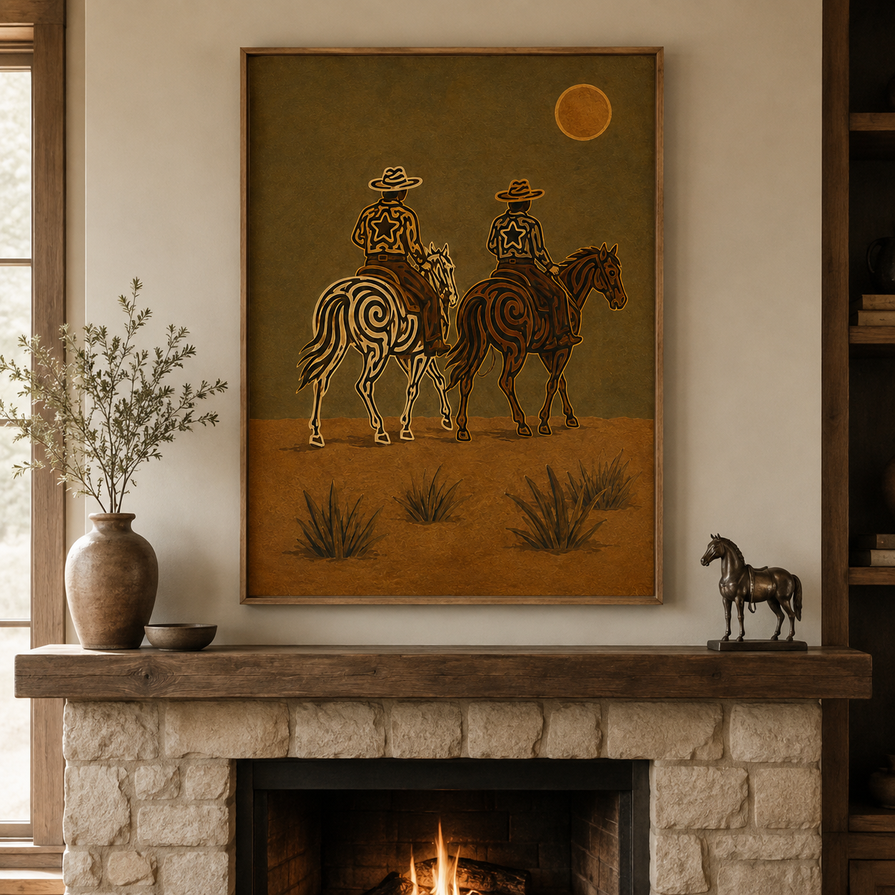 Moonlit Cowboys Painting, Western Horse Riders, Southwestern Desert Wall Art For Western Decor