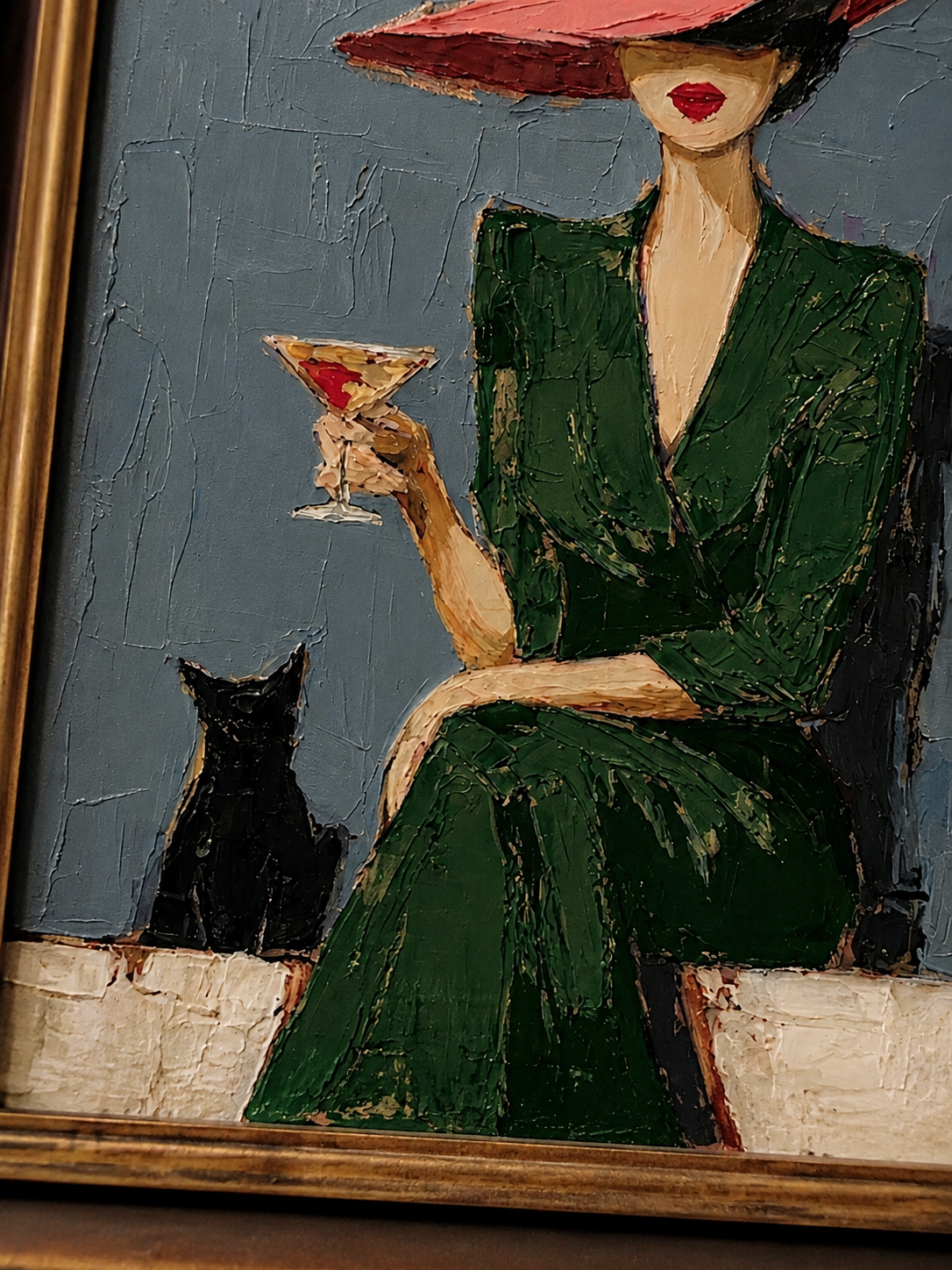 Stylish Woman In Green Dress With Red Hat Oil Painting For Modern Dining Room Wall Art Decor