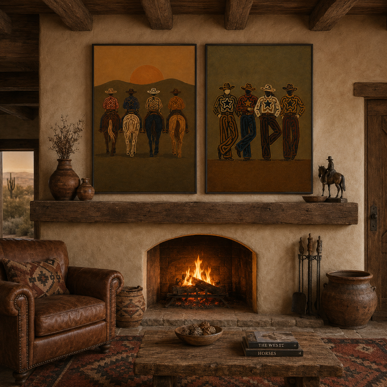 Vintage Sunset Cowboy Group Portrait Wall Art Set Of 2, Western Lifestyle Canvas Painting Vintage Cowboy Gang Decor