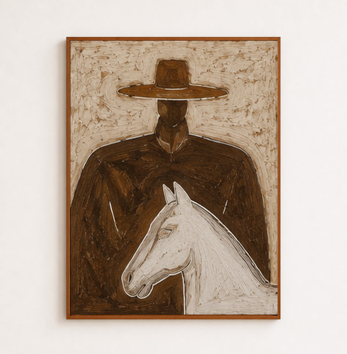 Modern Wabi Sabi Painting Of Man With Horse Brown Minimalist Wall Art