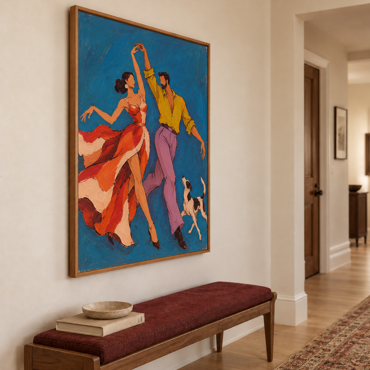 Passionate Tango Dancers Canvas Painting With Dog In Blue And Orange