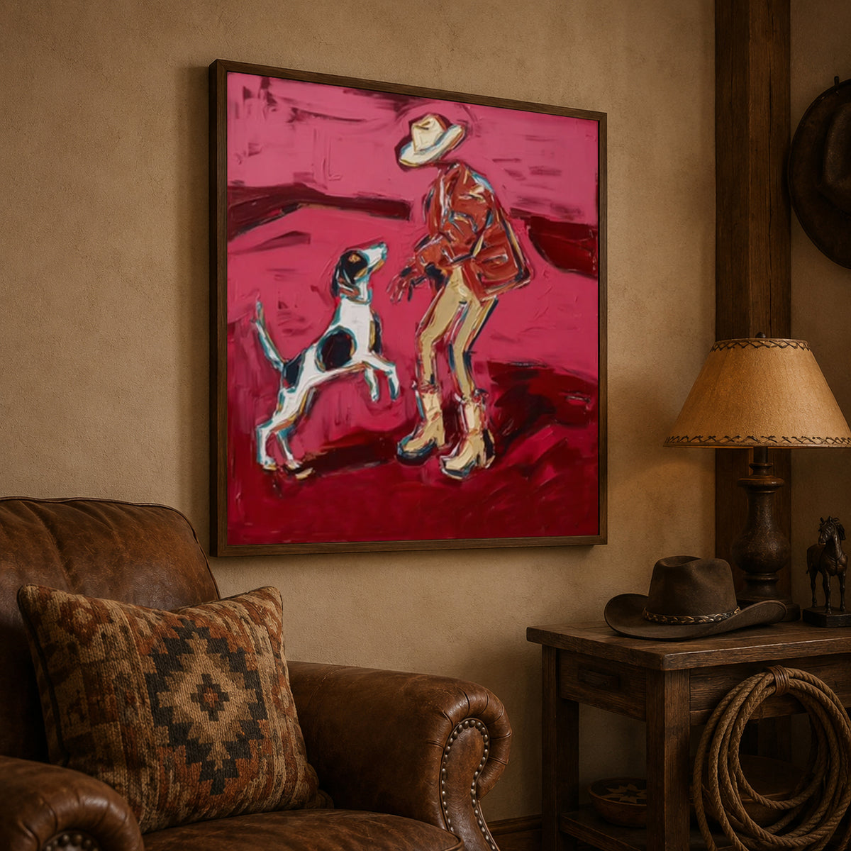 Cowboy And Dog Figurative Canvas Painting In Red Tones For Modern Western Decor