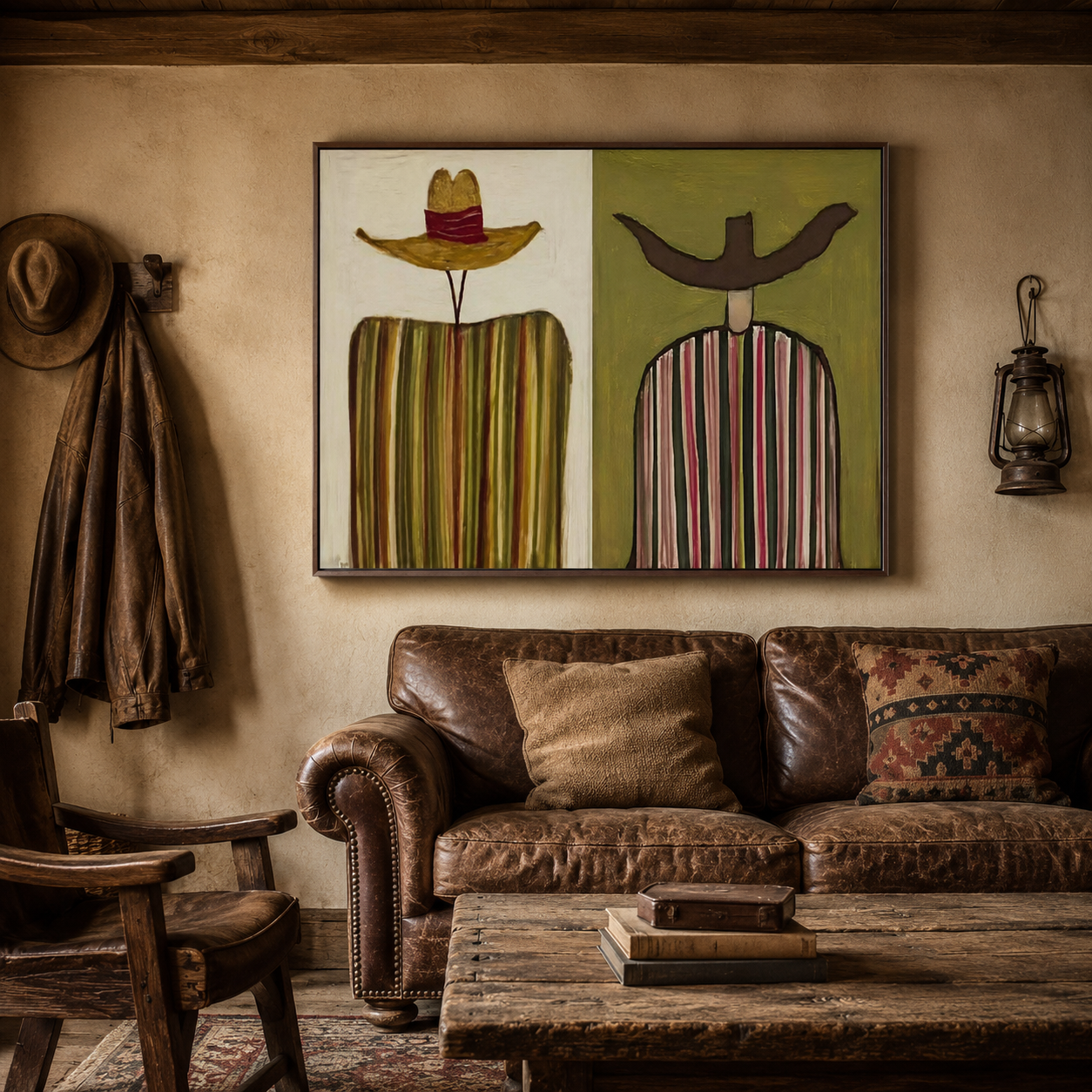 Rustic Figurative Art With Striped Men In Green And Brown For Living Room Decor