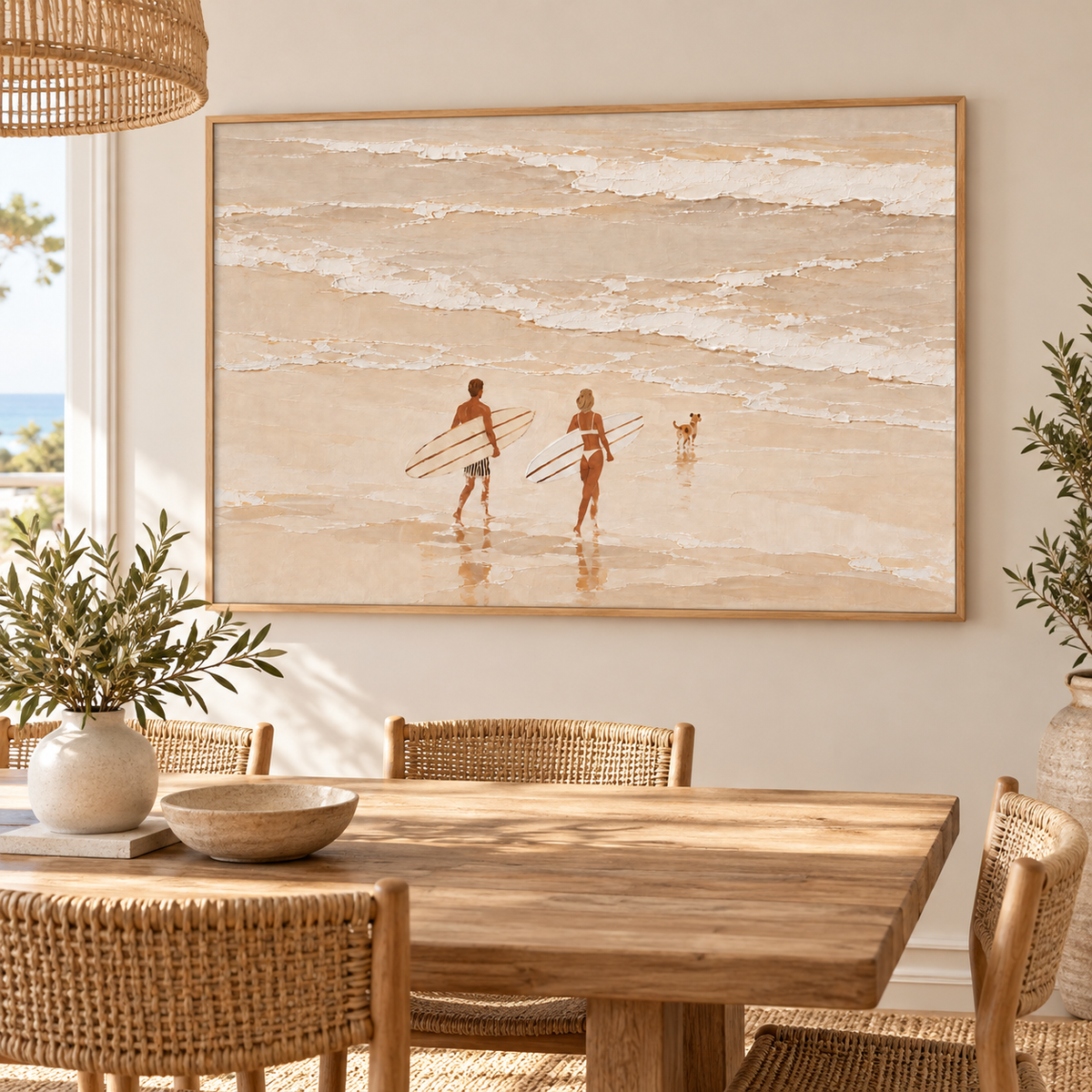 Neutral Cream Beach Canvas Art, Couple And Dog Surfing Wall Decor Surfboard Painting