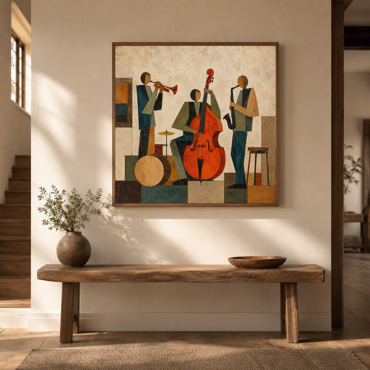 Abstract Jazz Band Painting With Double Bass For Modern Living Room Decor