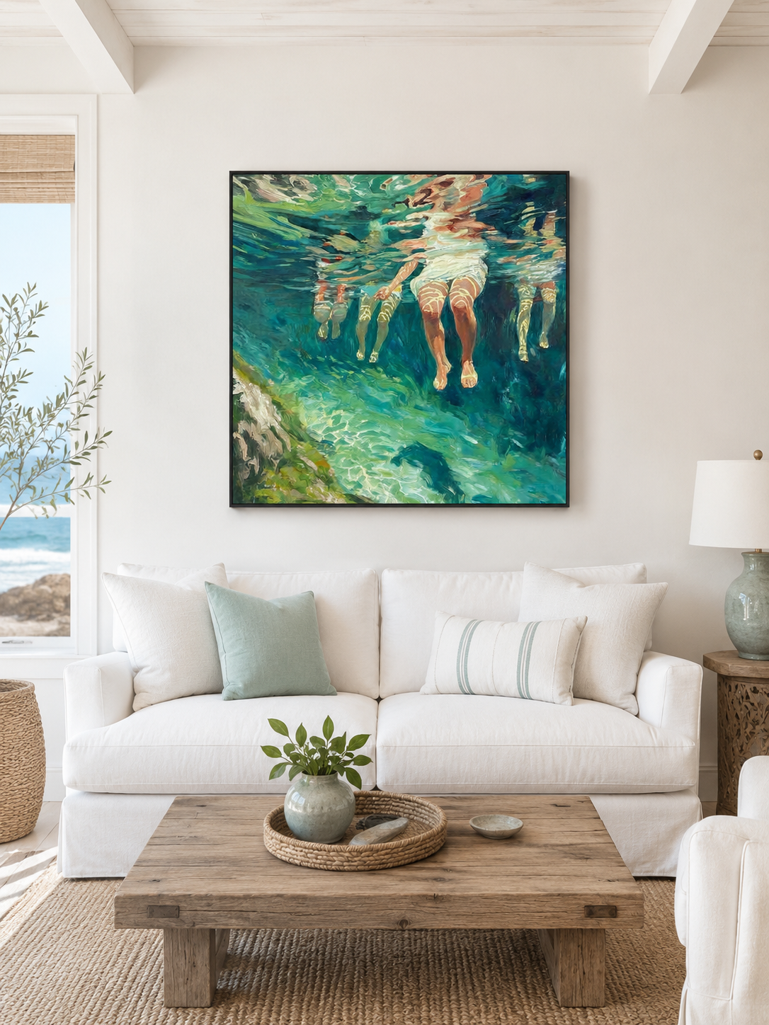 Summer Swimming Oil Painting For Beach House Living Room Wall Decor Art