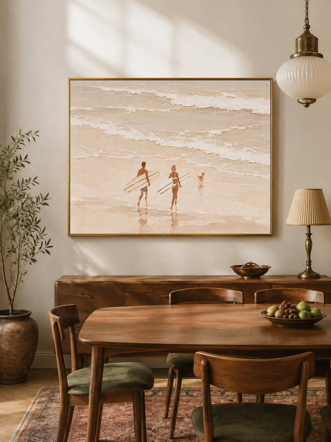 Neutral Cream Beach Canvas Art, Couple And Dog Surfing Wall Decor Surfboard Painting