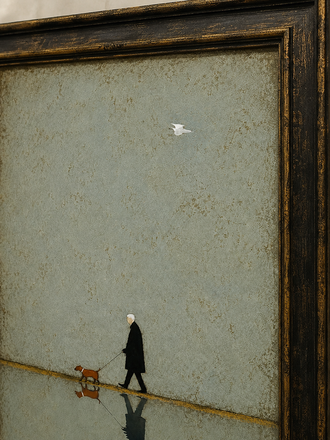 Abstract Figurative Painting Of Owner And Pet In Square Format With Sage Green Tones For Office