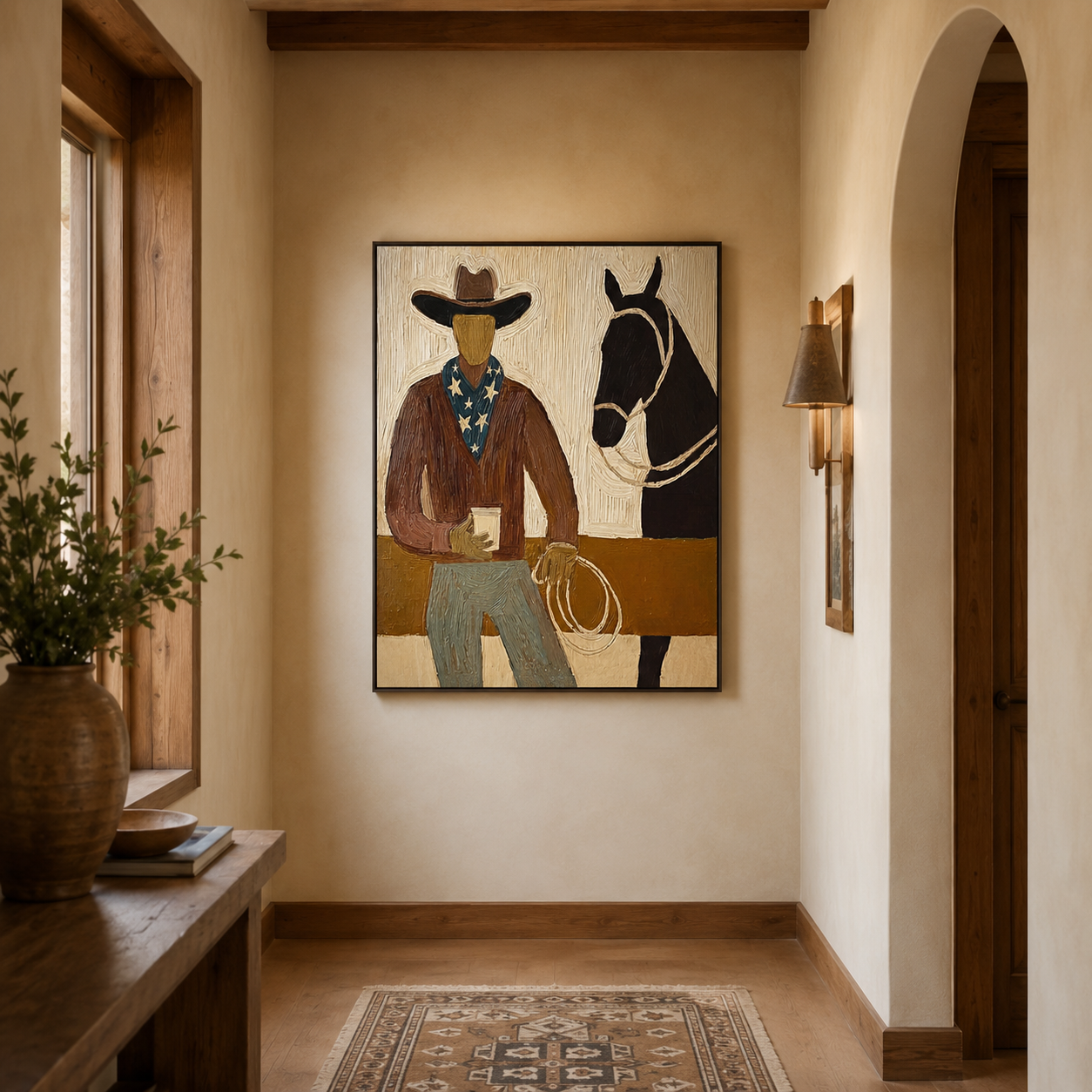 Warm Southwestern Cowboy And Horse Painting For Rustic Living Room Wall Art Decor