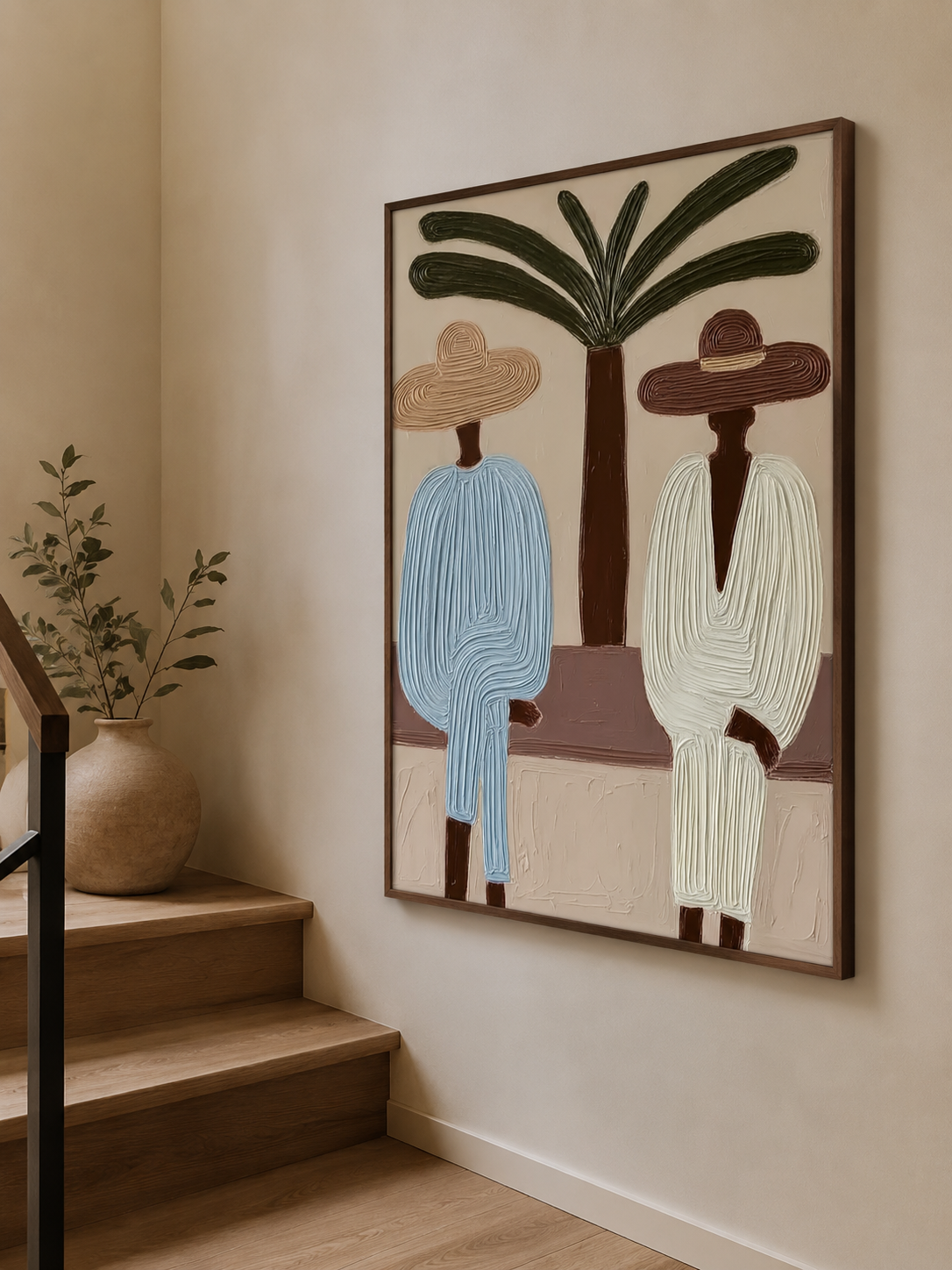 Abstract Mediterranean Figure Painting With Palm Tree Textured Oil Art For Coastal Home
