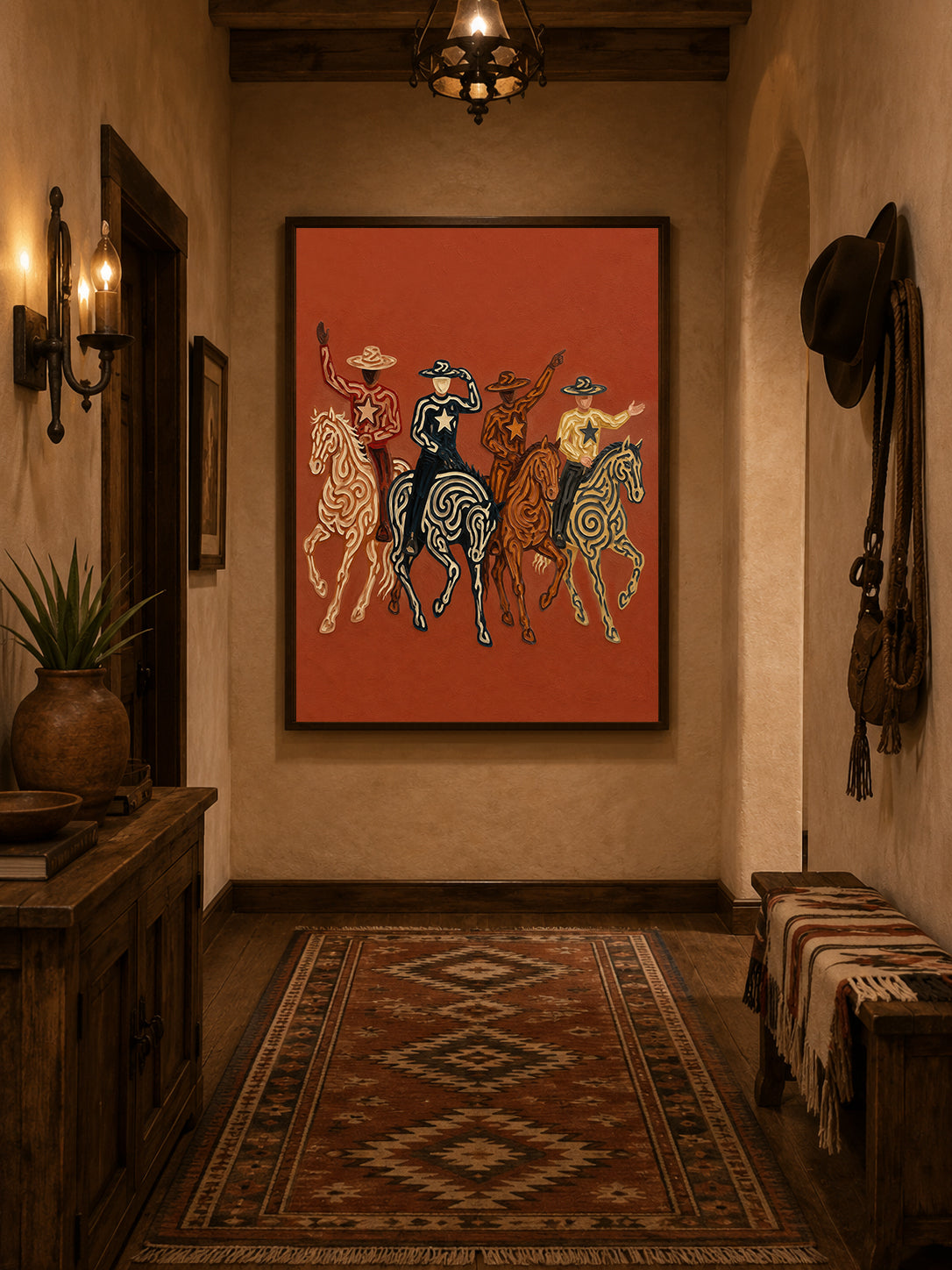 Four Cowboys Horse Painting, Colorful Western Riders, Terracotta Southwestern Wall Art