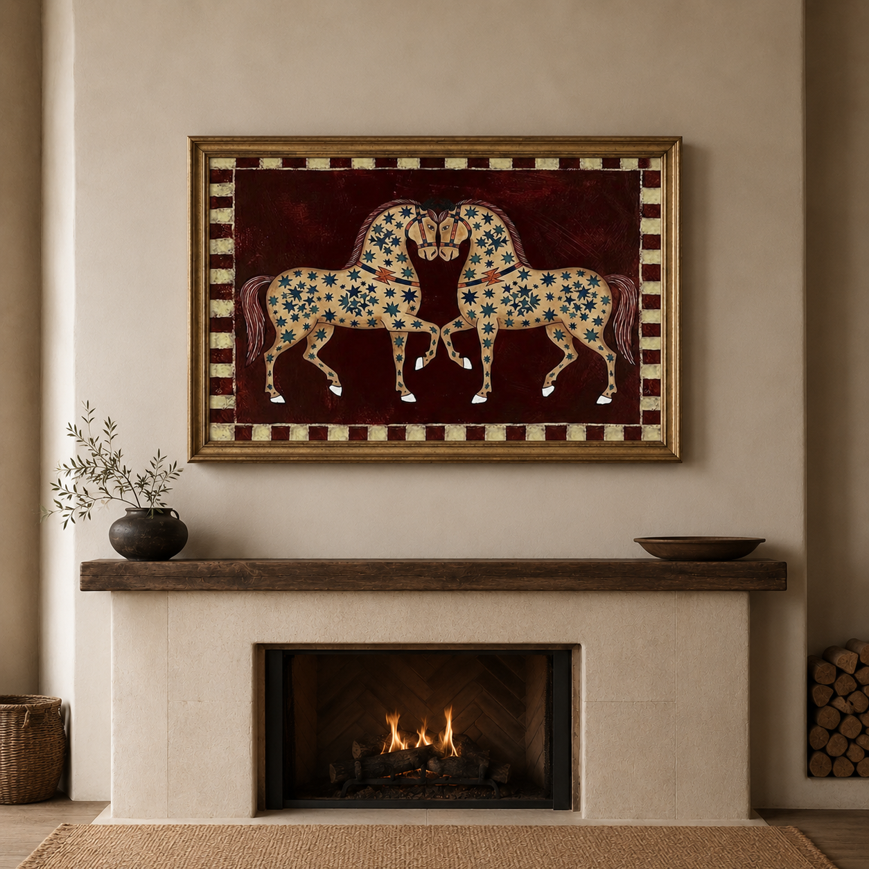 Medieval Folk Art Horse Painting With Stars On Brown Canvas For Classic Home Decor