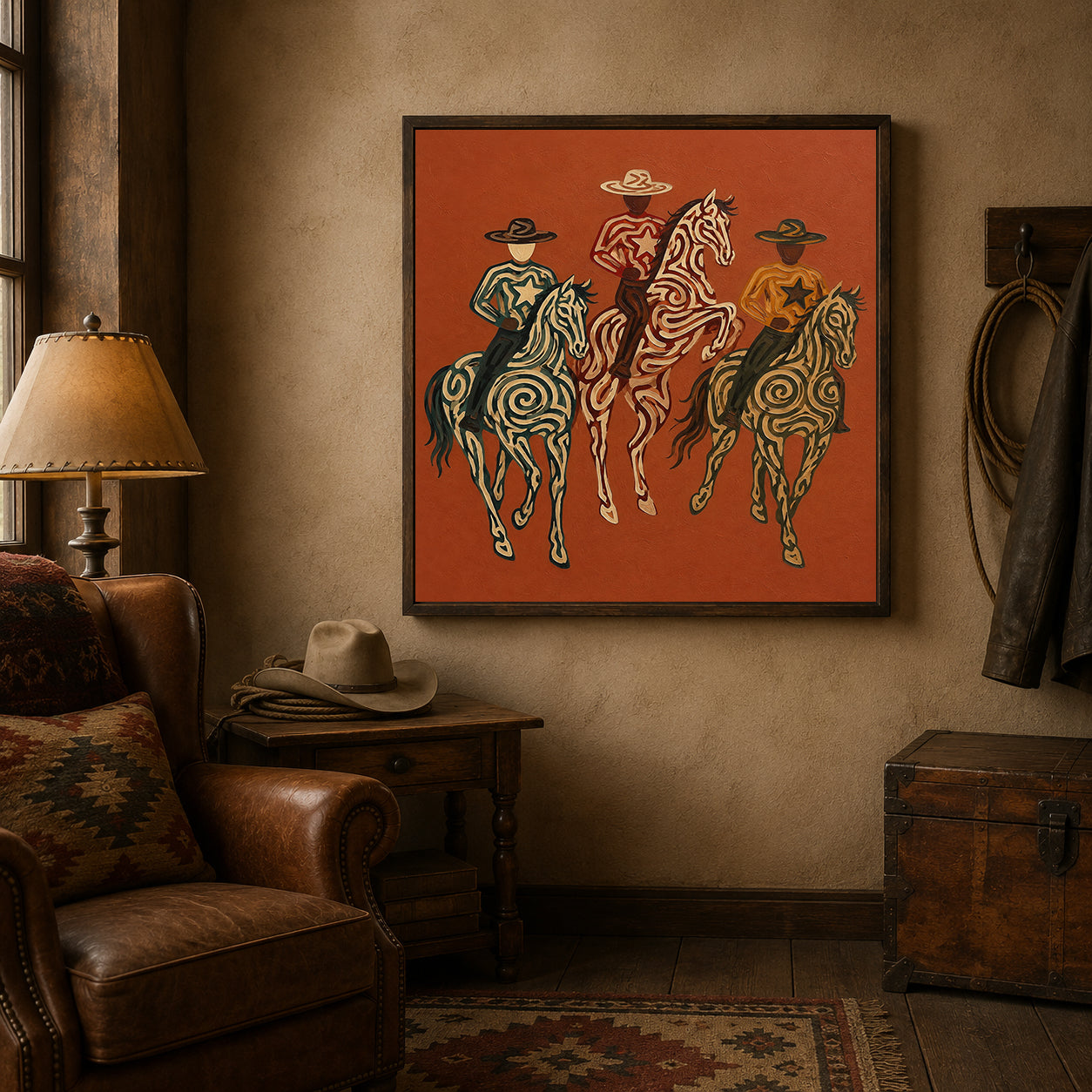 Red Western Cowboys Painting, Desert Horse Riders, Southwestern Ranch Landscape Wall Art