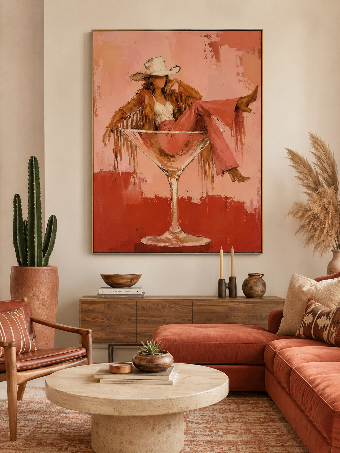 Unique Pink And Red Wall Art Modern Cowboy Theme Painting For Bedroom