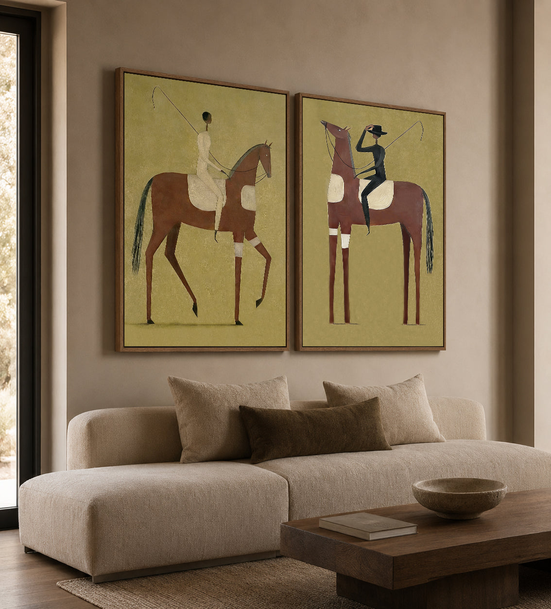 Vintage Equestrian Horse Art Set Of Two With Olive Green Background For Living Room Wall Decor