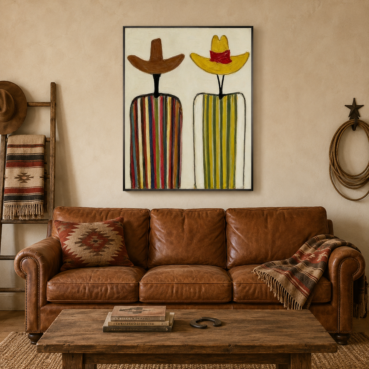 Abstract Figurative Oil Painting With Rustic Hats And Vibrant Colors For Hallway