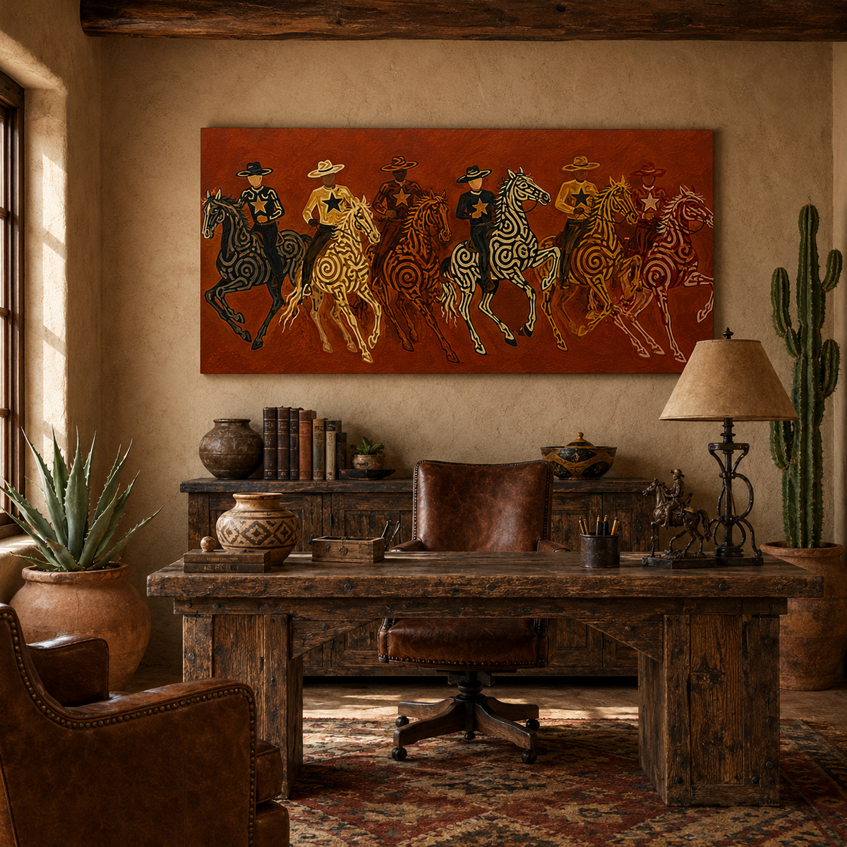 Panoramic Cowboy Horsemen Painting, Terracotta Western Riders, Rustic Ranch Wall Art