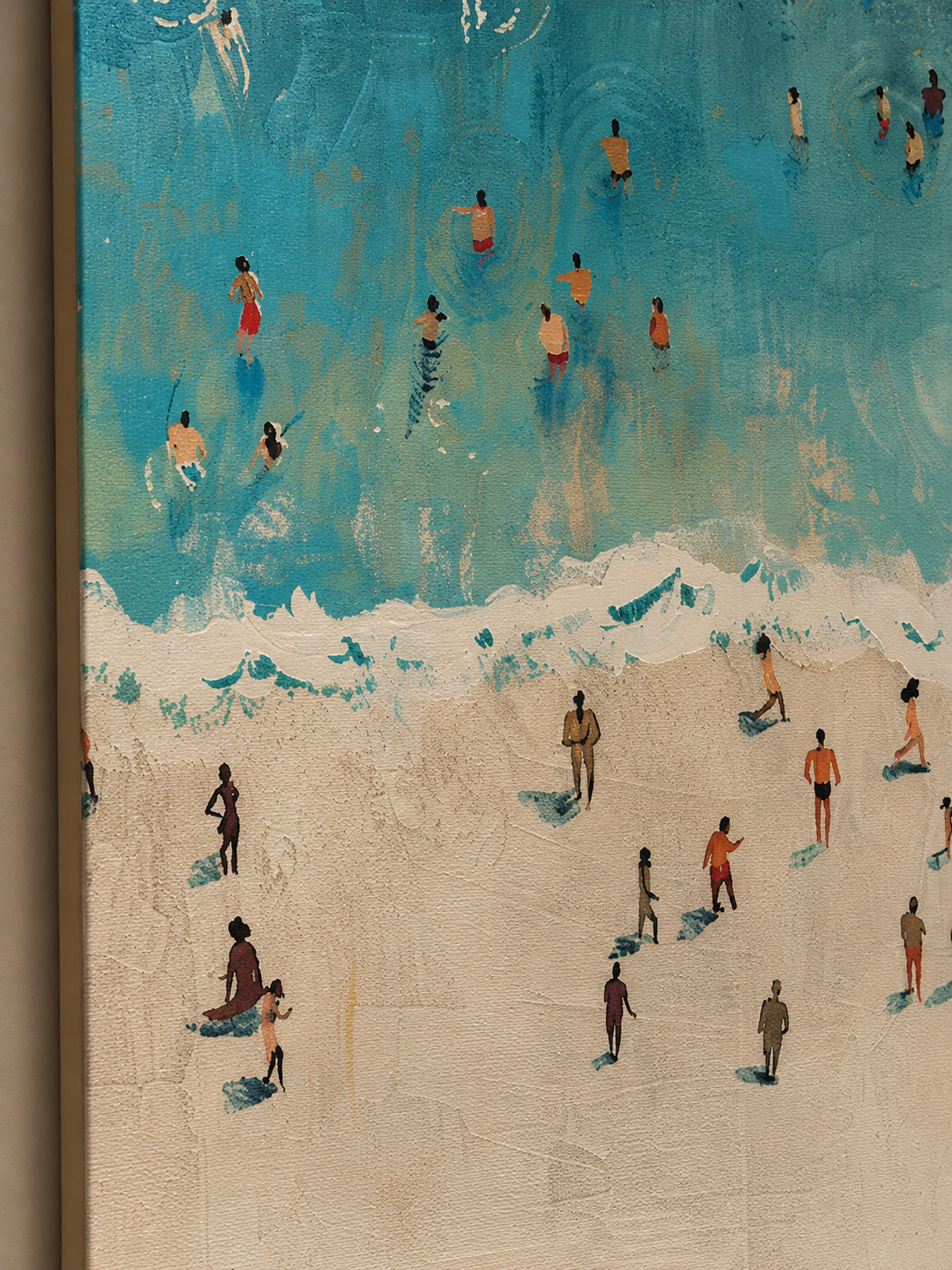 Retro Beach Painting With Minimalist Figures In Teal And Beige For Modern Living Room Wall Art