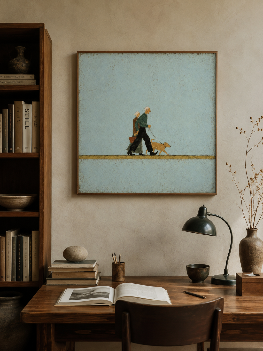 Vintage Dog Walking Painting For Pet Owners Retro Wall Art With Elderly Couple And Teal Background